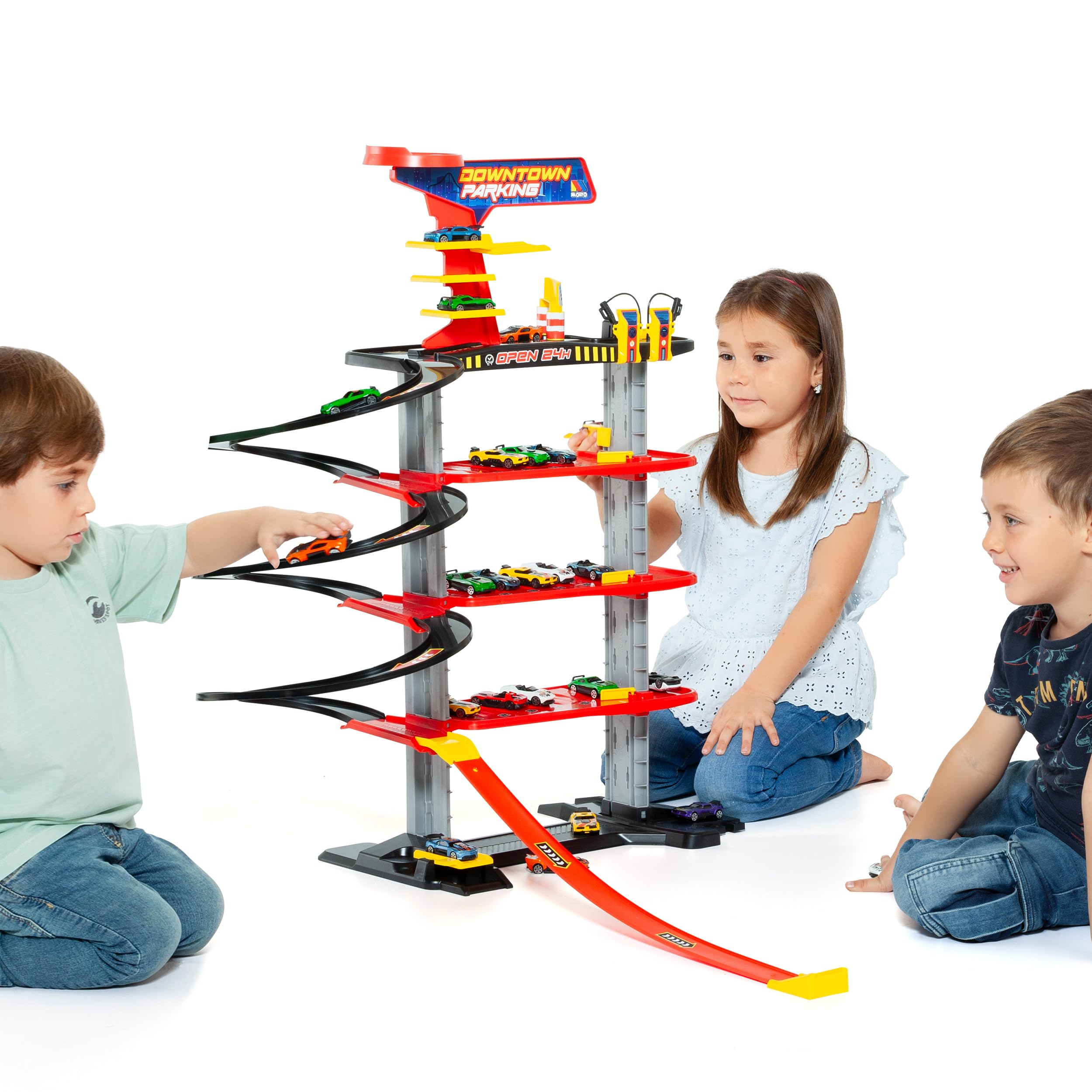 MOLTO | Garage di 5 piani in centro città + 10 macchinine + tappeto da gioco - Rampe, loop e pista ad alta velocità - Stazioni di servizio e pista per elicotteri