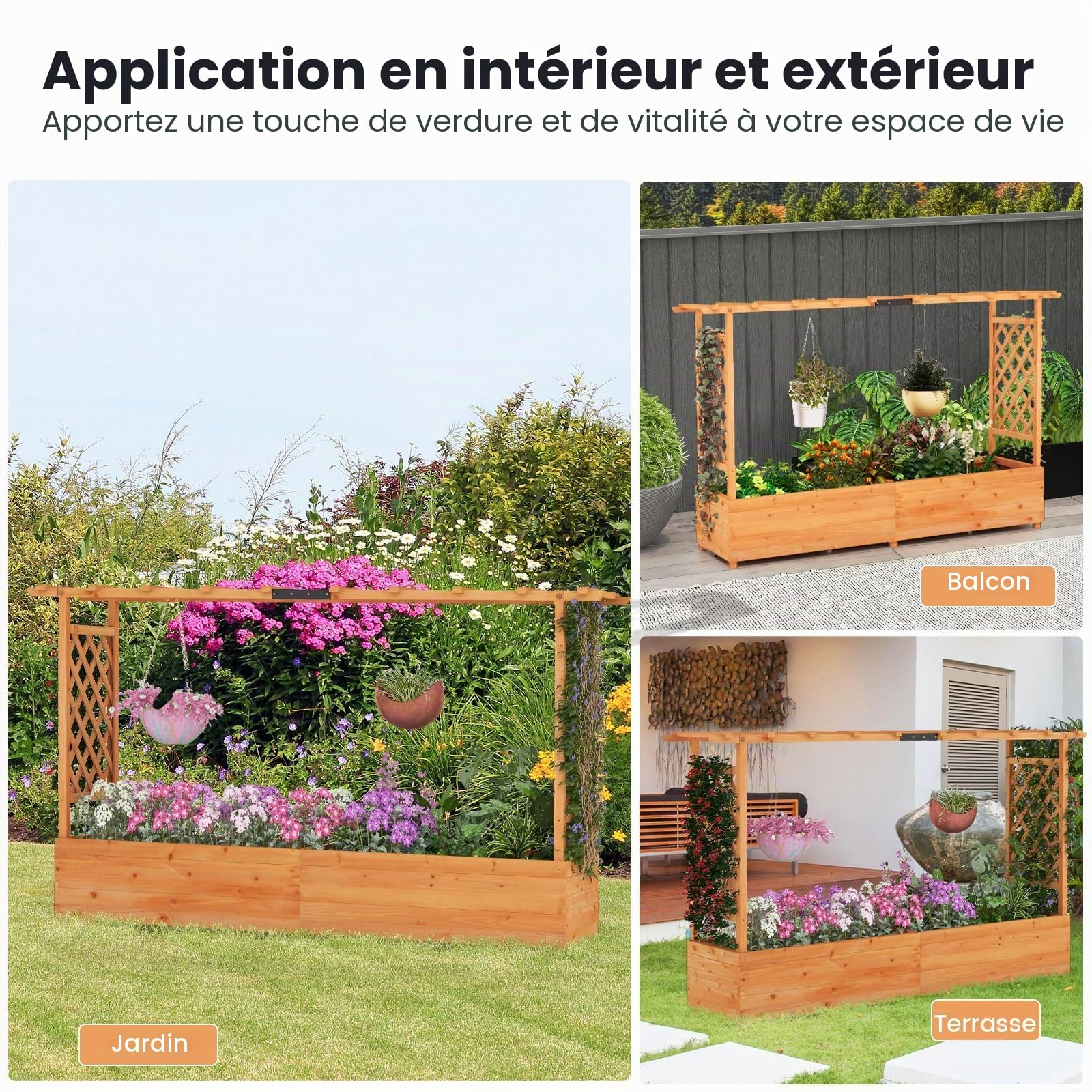 FANTASK Jardinière surélevée avec Treillis et Toit Suspendu, bac à Plantes avec tuteur, bac à Fleurs pour Plantes grimpantes et paniers Suspendus, Orange (200 x 44 x 114 cm)