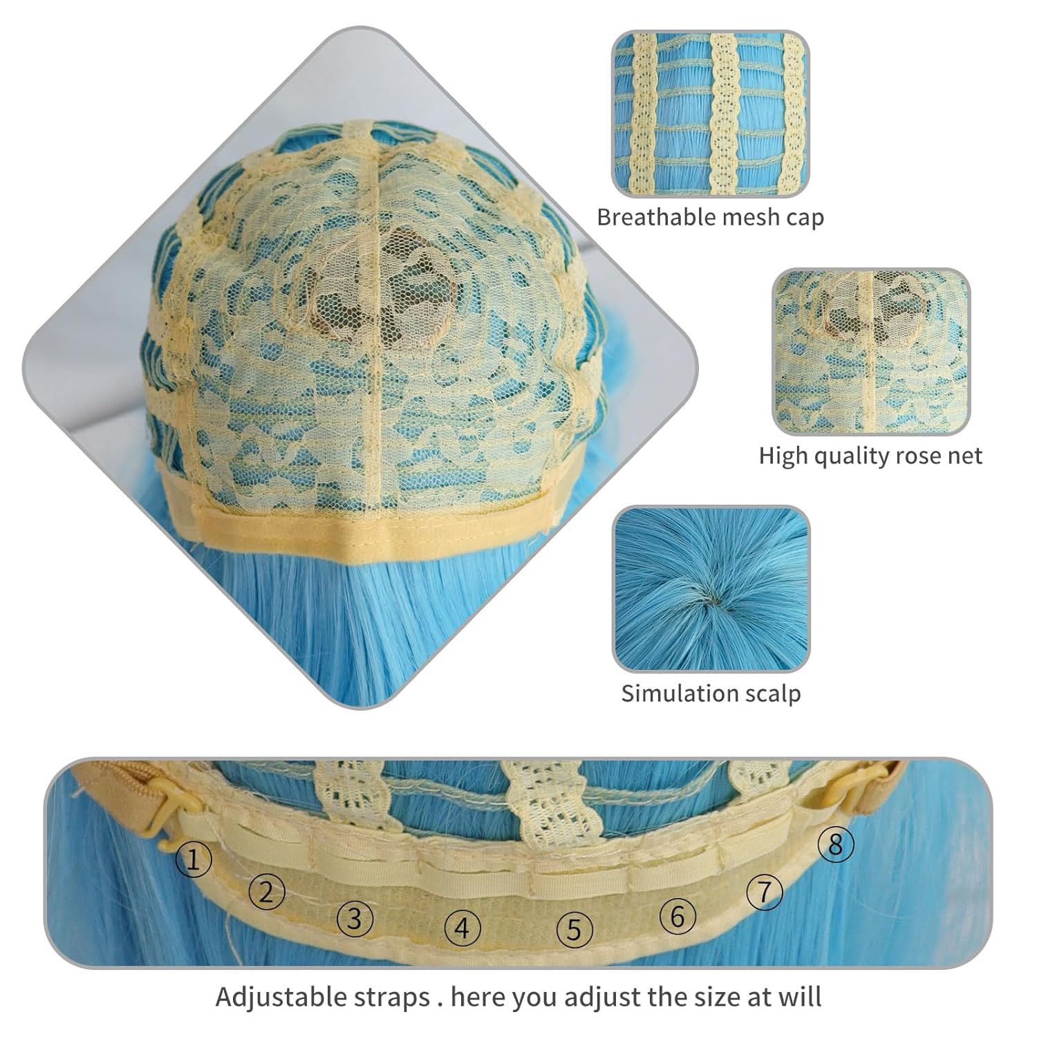 ANOGOL Hair Cap+32Inch/80cm Sky Blue Wig for Women Long Light Blue