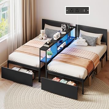 Zevemomo 2 Twin Bed Frames w/Storage Drawers, Wooden Headboard, Bookcase