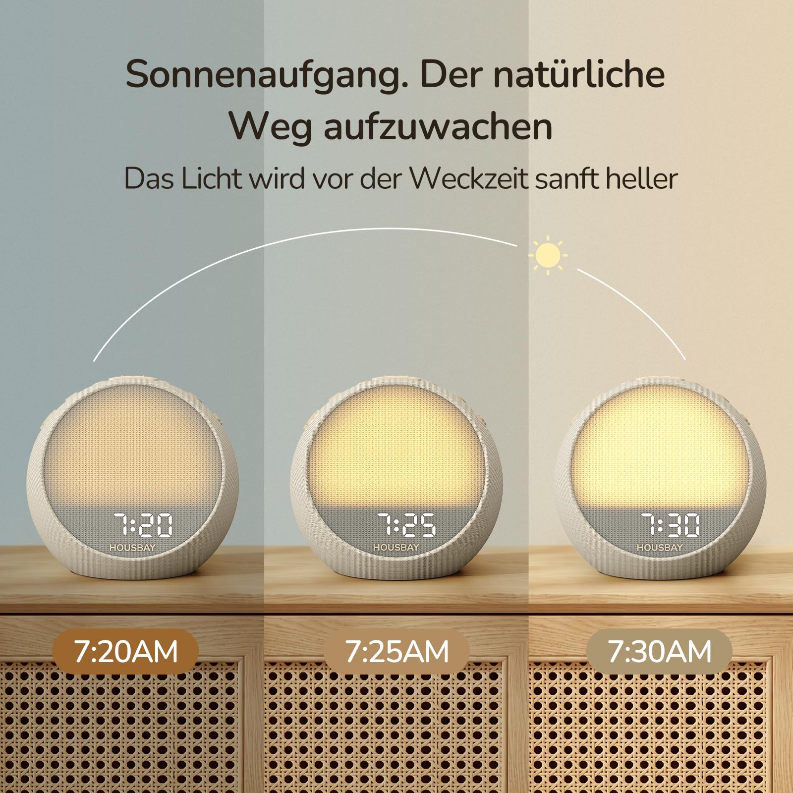 HOUSBAY Mini réveil lumineux avec lever du soleil, 21 White Noise, Putty