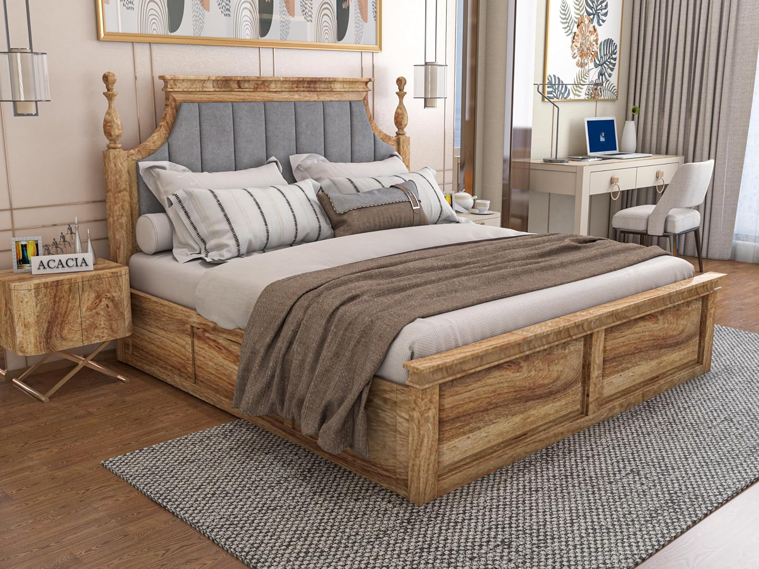 SABTA Craft Wooden King Size Bed with Storage | Double Bed Cot Bed with Box Storage & Grey Colour Upholstered Cushioned Headboard for Bedroom | Sheesham Wood, Teak Finish-image-46
