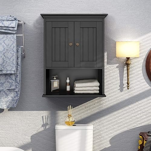 Miniatura 4 de Treocho Armario de pared de madera para baño, botiquín con puertas y estante ajustable para baño, sala de estar, cocina, armario, negro