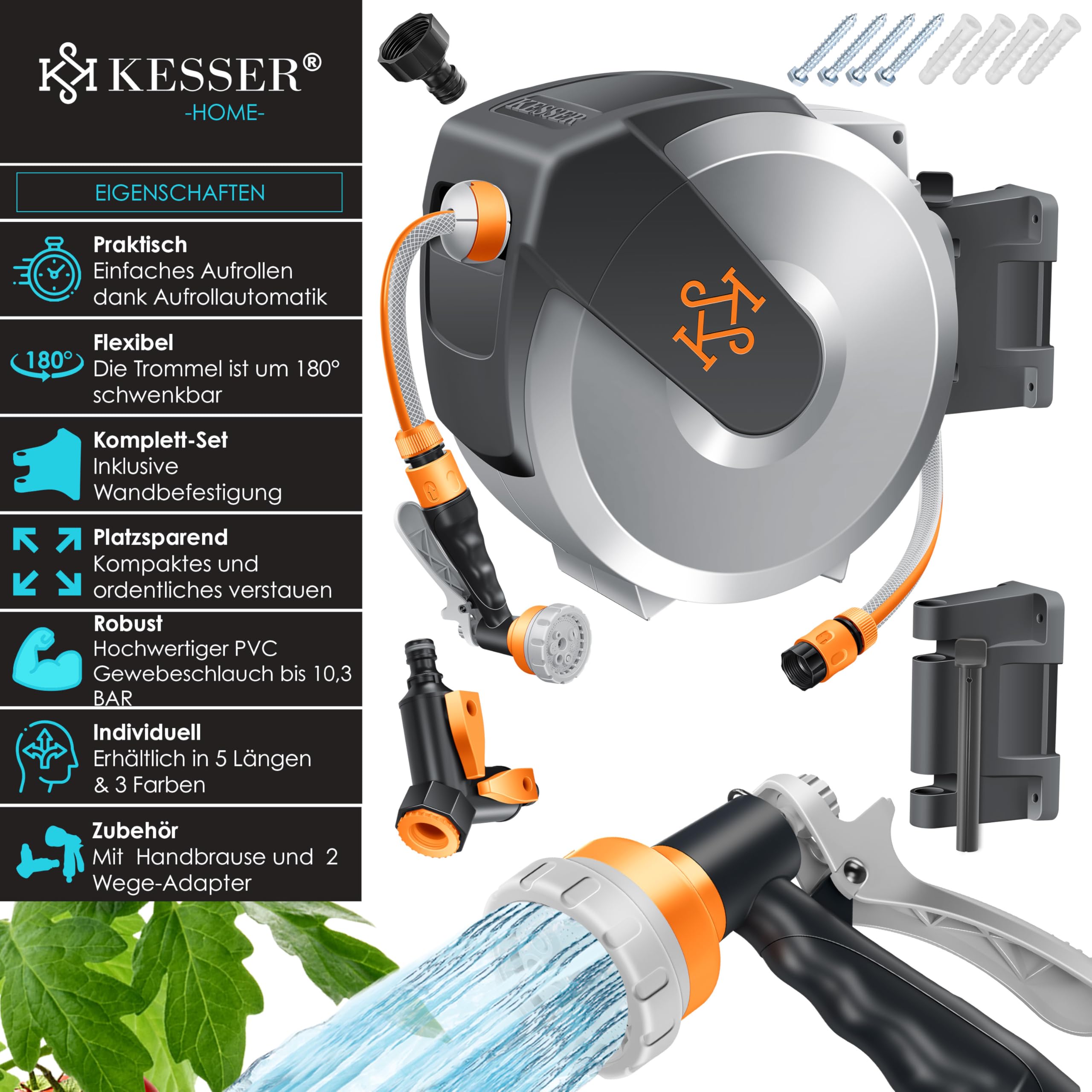 KESSER® Enrollador de Mangueras, Manguera de Jardín, Montaje en Pared, Giro de 180° y Retracción Automática, incl. Teleducha de 7 funciones, 20m - Gris Claro/Gris