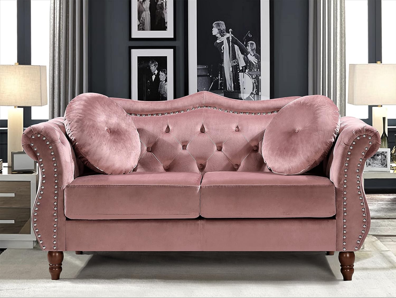 Anna1 Chesterfield Velvet Couches for Living Room, Button Tufted Luxury Upholstery with Rolled Arms, High-Density Foam, Durable Wood Frame, 65.5" Loveseat, Rose
