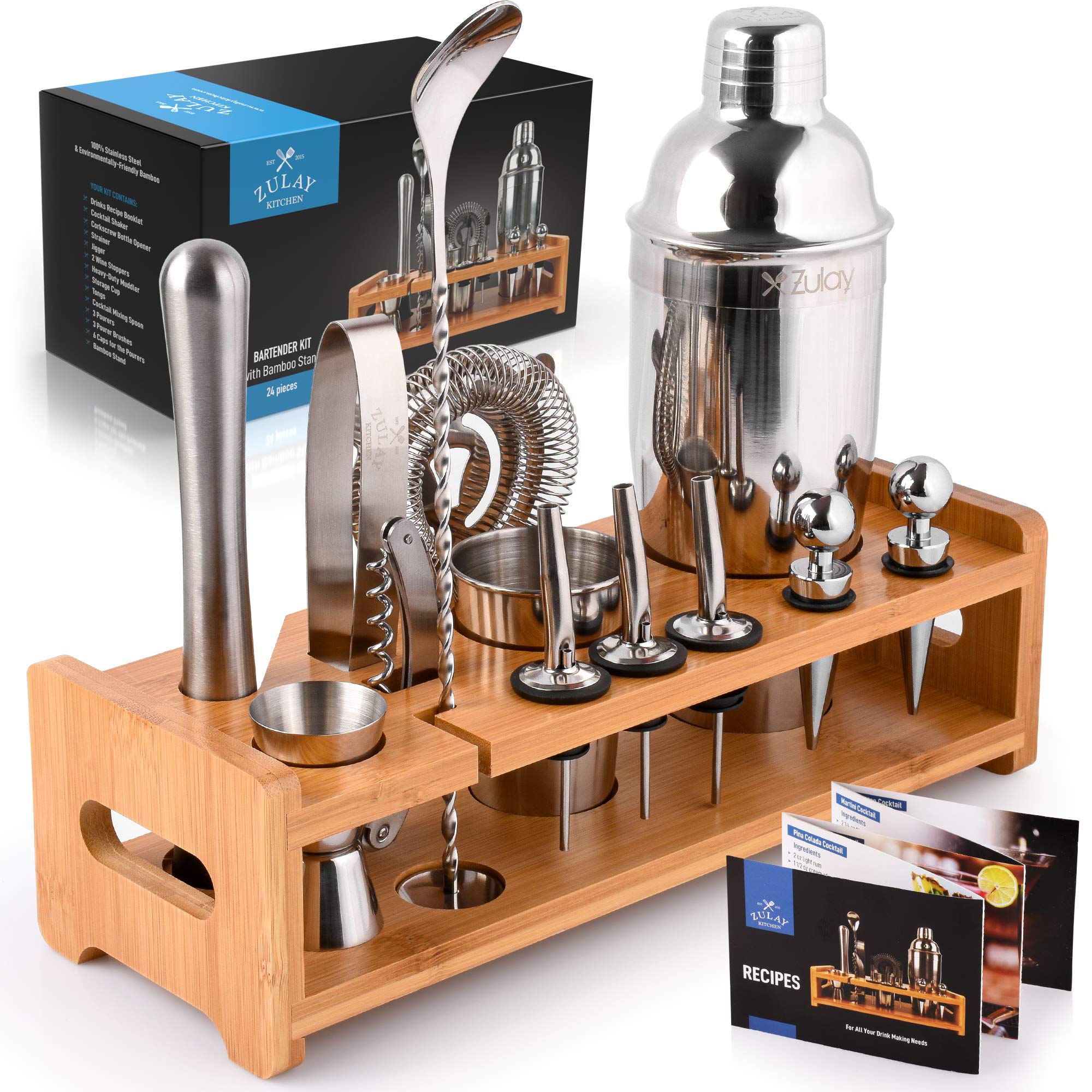 Zulay 24-Piece Bartender Kit - Stainless Steel Bar Set 24oz Cocktail Shaker Set With Accessories - P