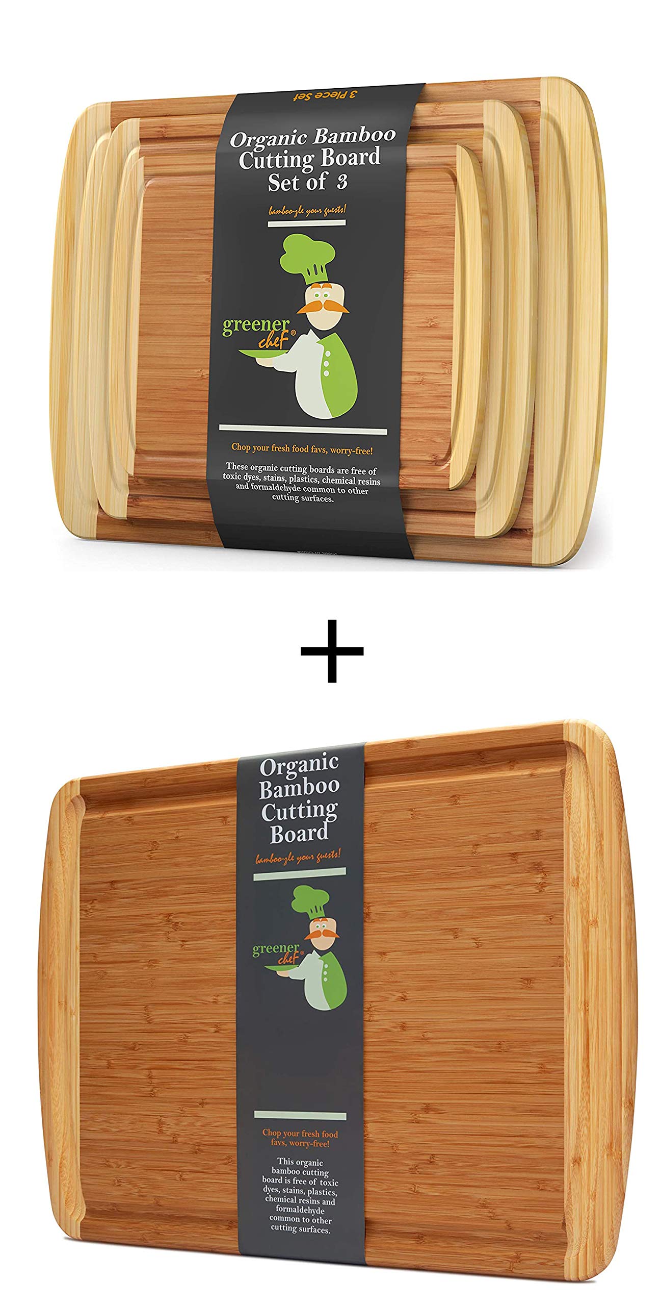 3pc Bamboo Cutting Board Set and XXL Bamboo Cutting Board by Greener Chef