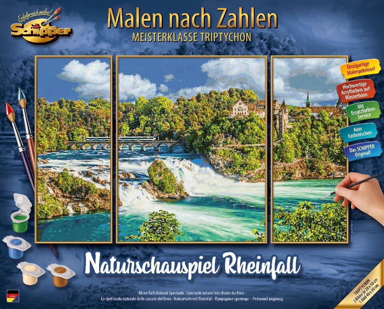 Schipper 609260888 Dipingere con i Numeri, Spettacolo Naturale Rheinfall, Pittura per Adulti, Inclusi pennelli e Colori acrilici, trittico, 50 x 80 cm