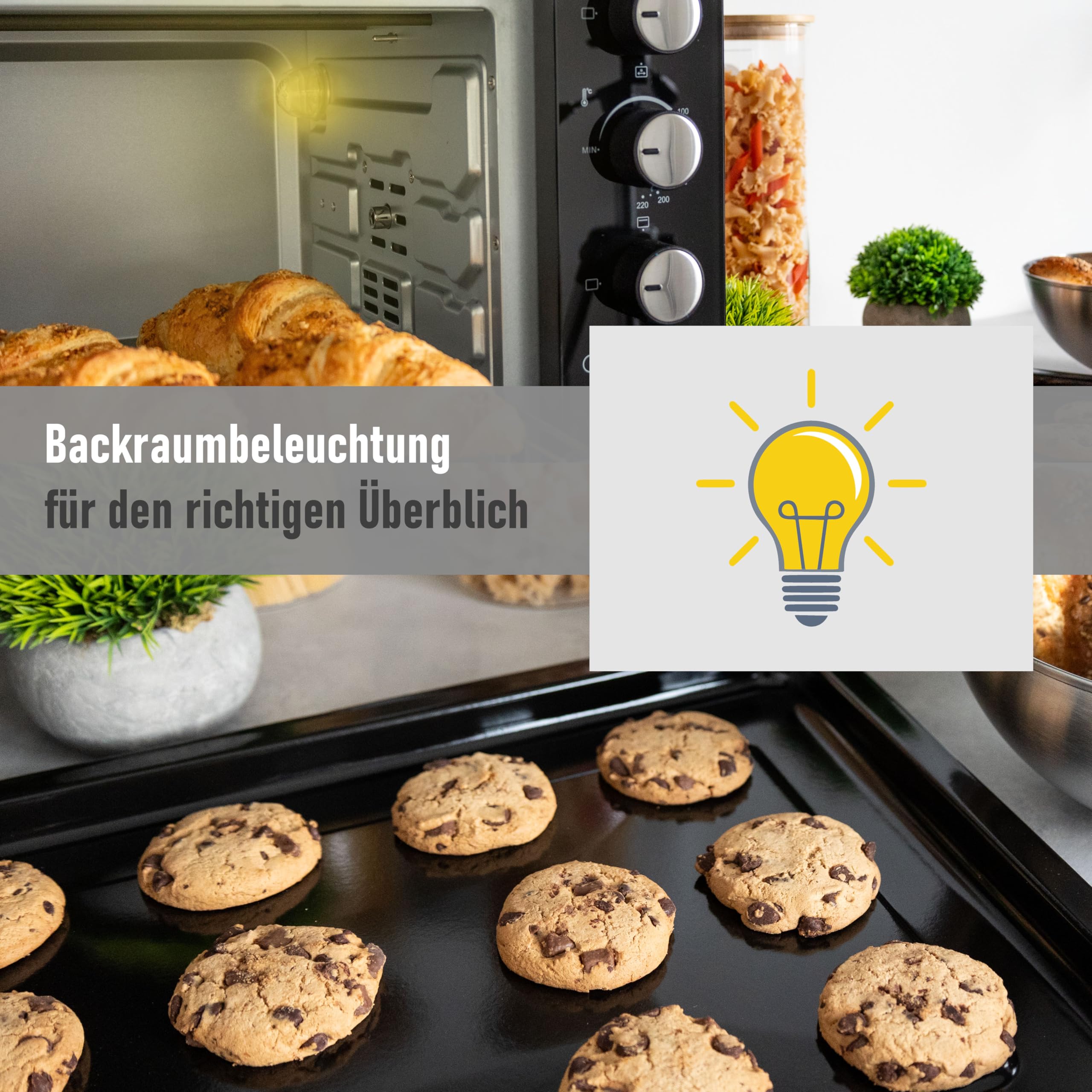 Minibackofen 45 Liter mit Glasfront und 2.000 Watt | Mini Backofen mit Umluft, Drehspieß und Krümelblech | Ober-/Unterhitze | Konvektion | 60 min Timer | Neues luft-isolierten Gehäuse, Mini-Ofen