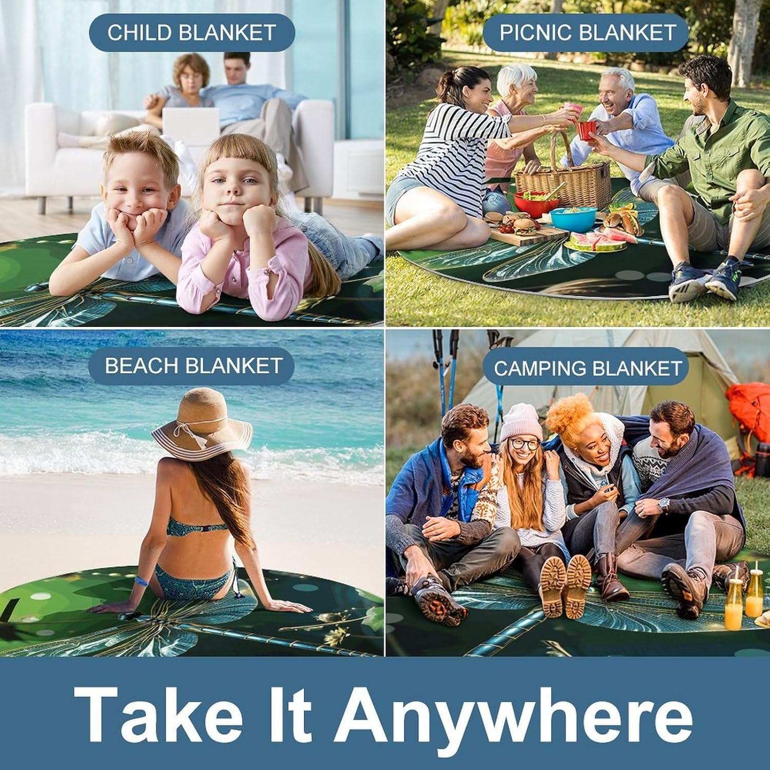 Dragonfly Green Picnic Mat Lightweight Waterproof Picnic Blankets Extra Large Picnic Outdoor Blankets Foldable Sandproof Beach Blanket for Park Beach Camping Courtyard 58.3''x58.3''