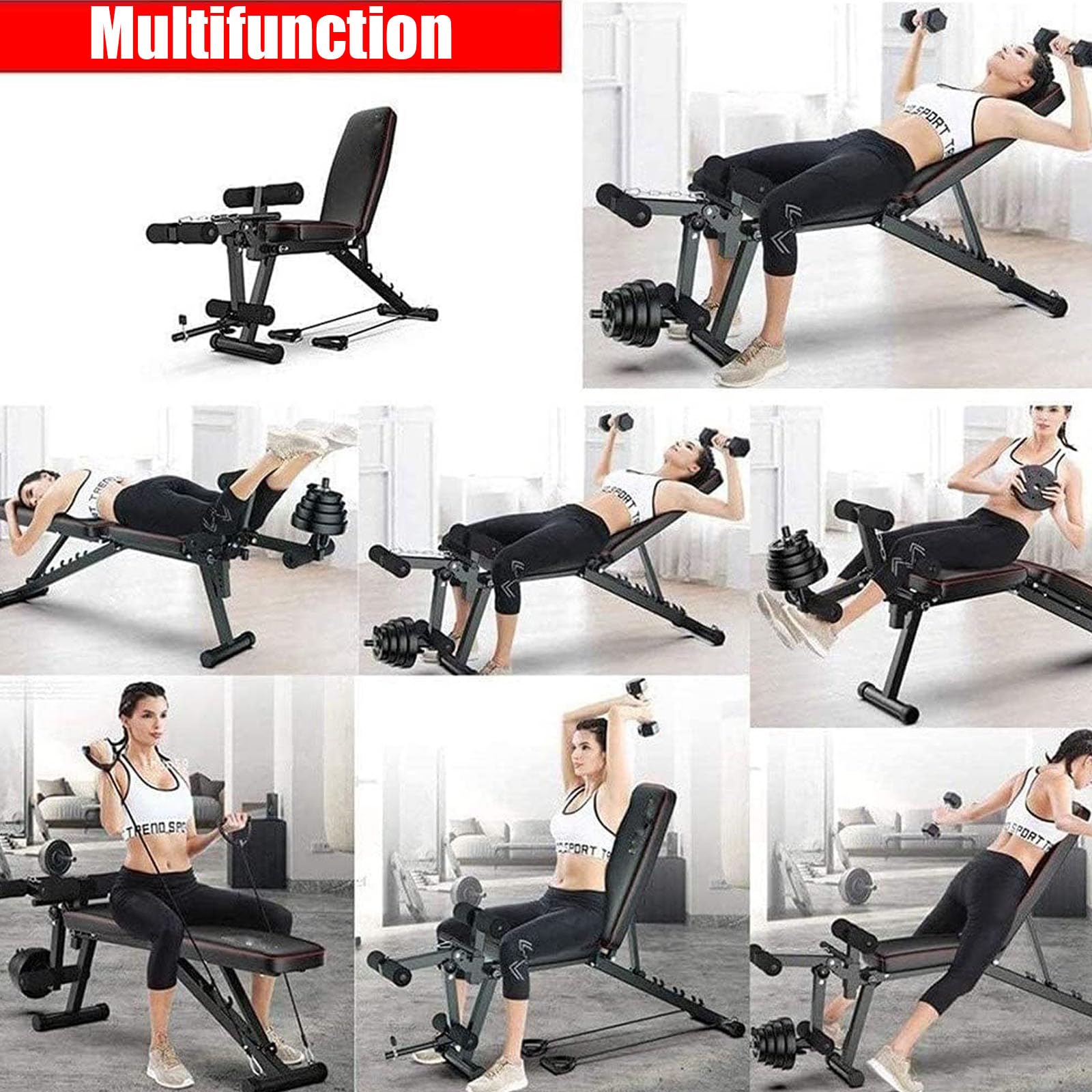 Banco De Pesas MusculacióN Ajustable Plegable Multifuncional Inclinable Reclinable, Banco De Peso Plano Declinado Inclinado Abdominales para Fitness Entrenamiento Profesional con Respaldo