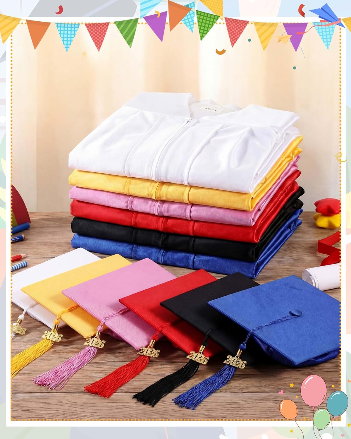 Xuhal 6 Set Preschool Graduation Cap and Gown Set Kindergarten Grad Gowns Children Graduation Cap with 2026 Grad Tassel