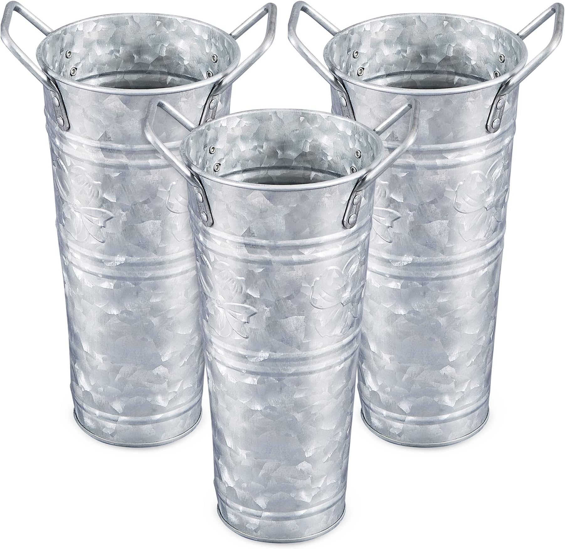 WHGalvanized Metal Farmhouse Flower Vases 9 Inch, Set of 3 - Rustic Decorative French Flower Bucket Pots for Wedding Table Centerpiece Decorations, Home Decor by Walford Home