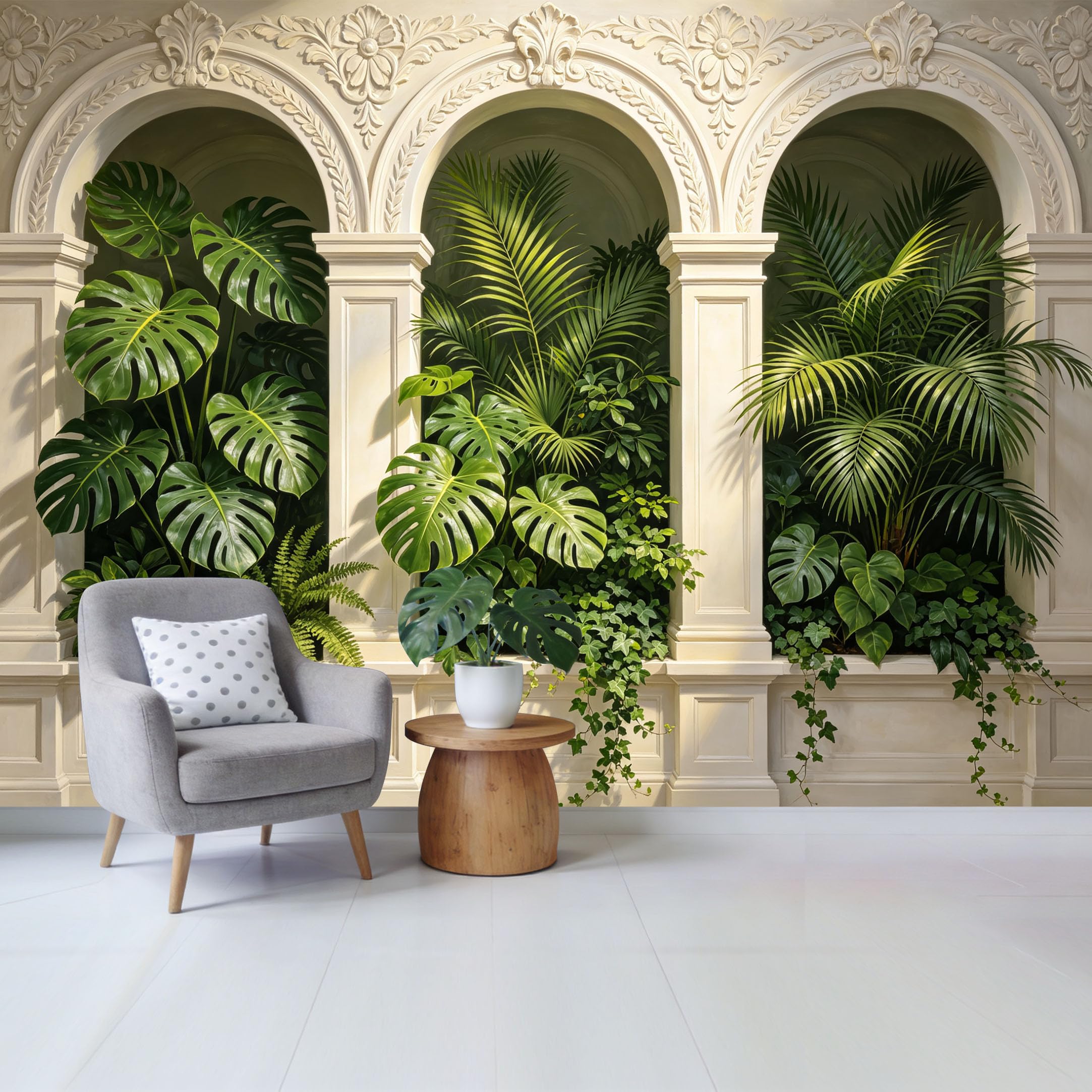 Custom Size Wall Mural Tropical Botanical Green Leaves Arch Design Removable Self Adhesive Fabric， Home Wall Decor for Living Room Bedroom Bathroom