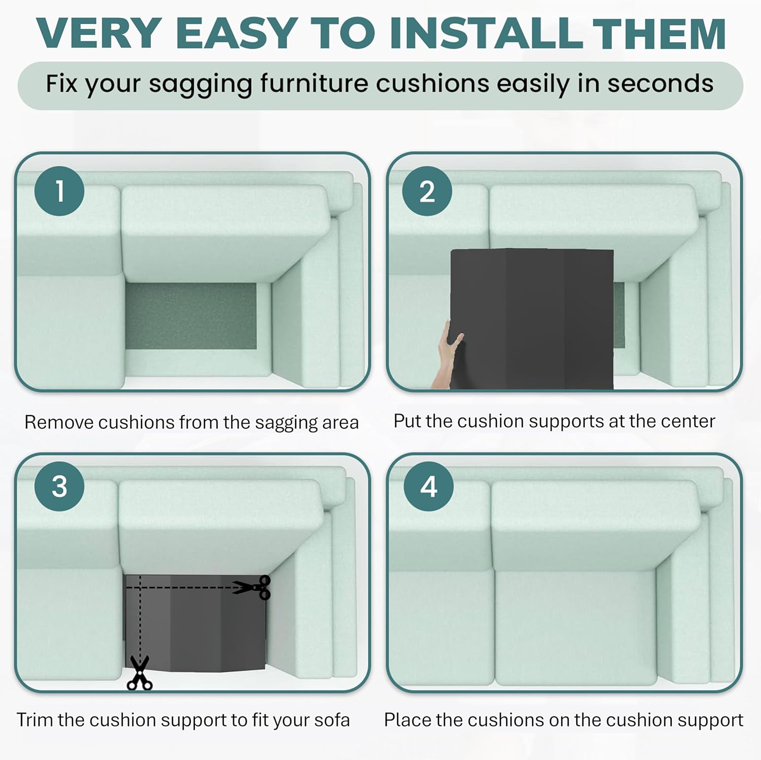 Sofa Couch Cushion Support for Sagging Sofas Cushion Repair Trapezoidal Furniture seat Cushion sag Repair High Rebound, Firm Couch Cushion Support Under Cushion Sag Repair, Black Set of 2