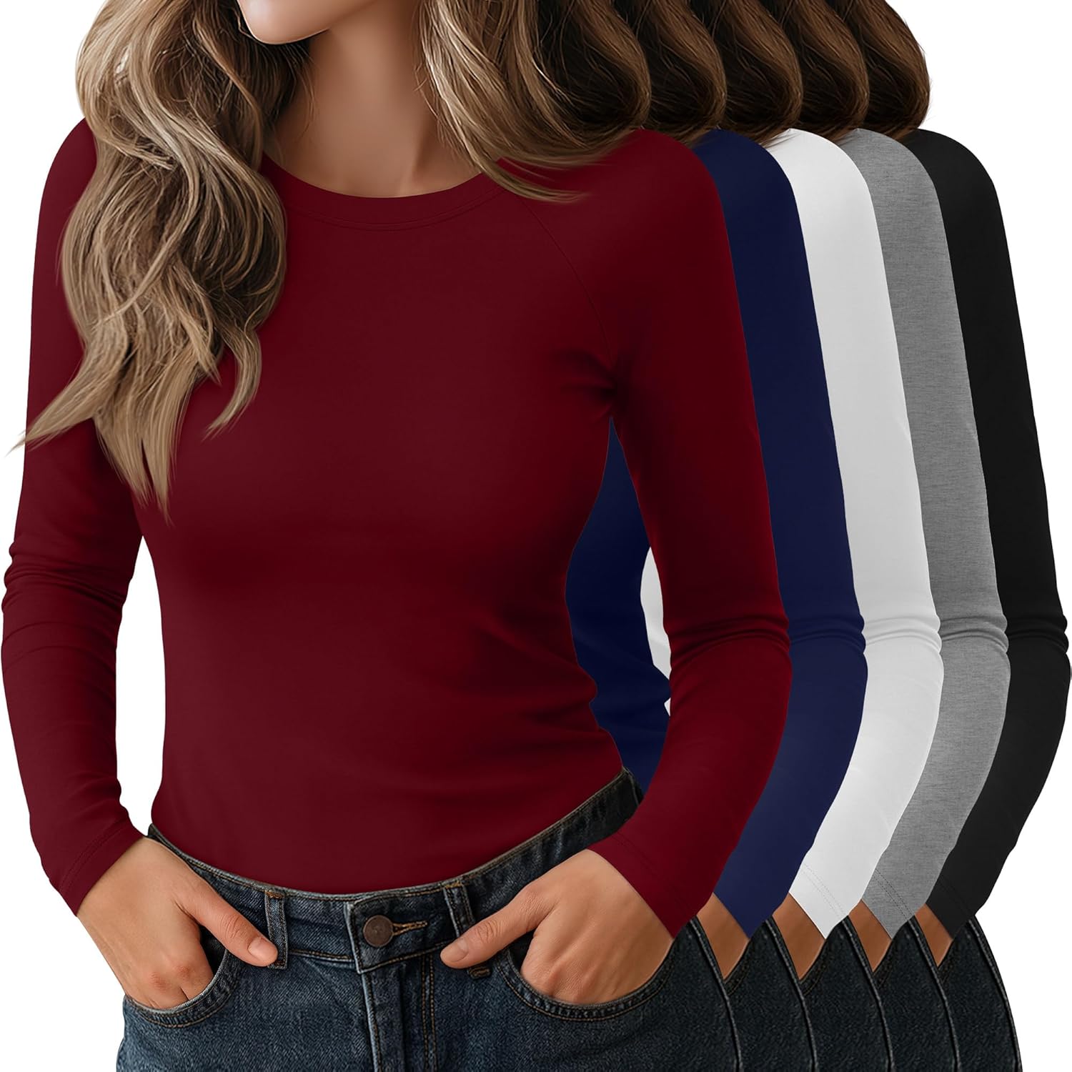 5 Pack Women's Long Sleeve Shirts Crew Neck Raglan Basic Tops Slim Fitted Undershirts Stretchy Layering Baselayer