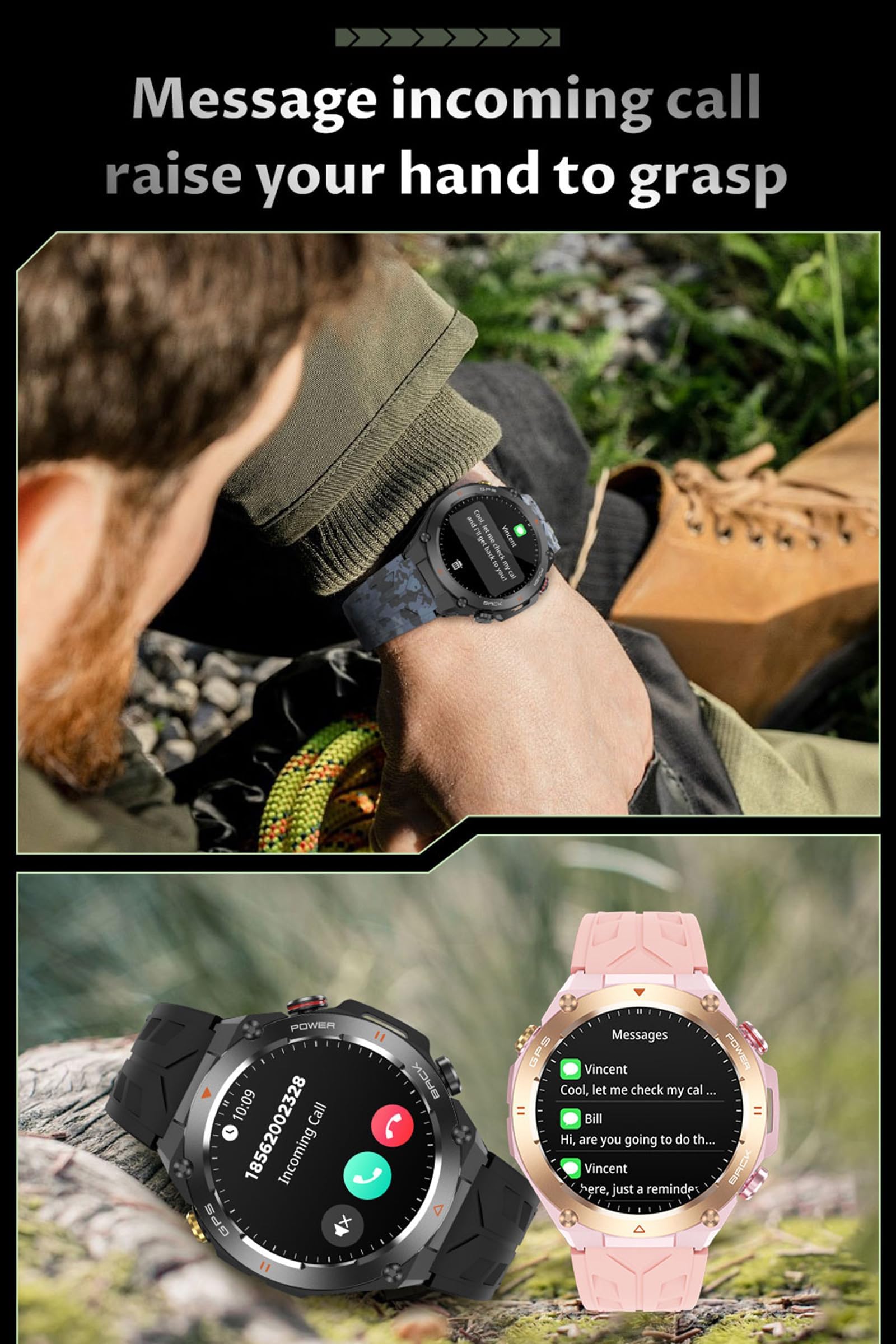 findtime Orologio da polso da uomo e da donna, GPS, orologio militare con bussola, barometro, funzione di telefono, tracker del sonno, fitness, contapassi, orologio sportivo per attività all'aria