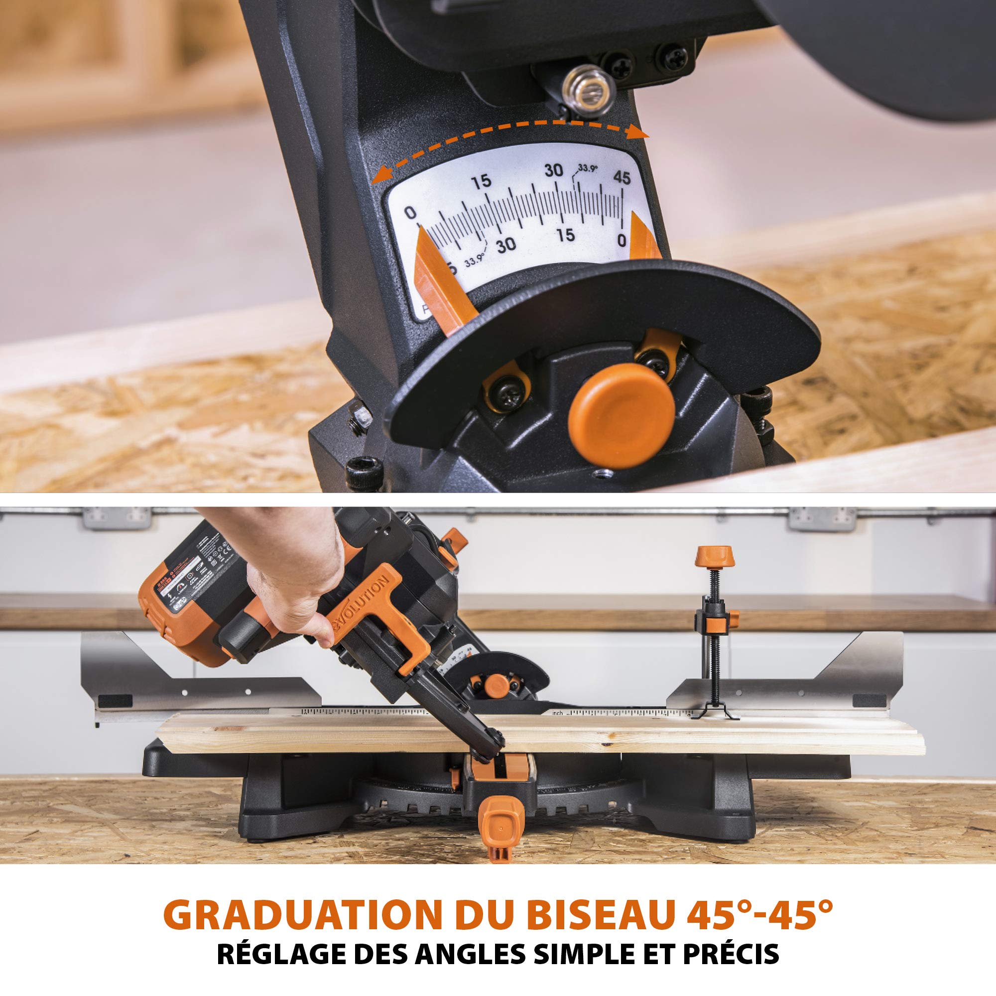 Evolution Power Tools Scie à Onglet Coulissante 255mm R255SMS-DB+ Double Biseau 45-45° Onglet 50-50° Coupe Multi-Matériaux