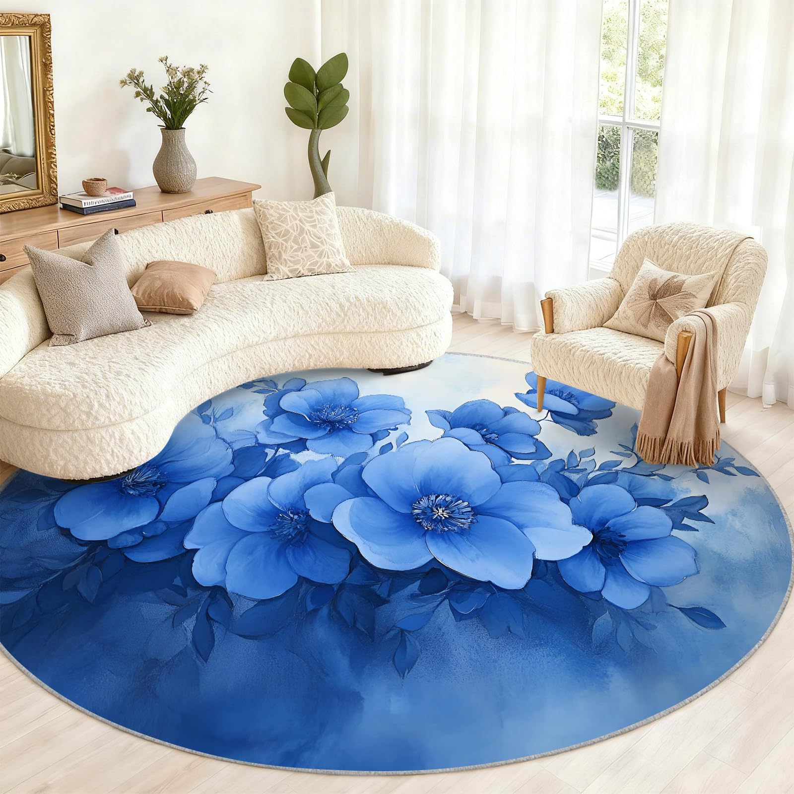 Tapis rond lavable de 200 cm au motif floral bohème pour décoration d'intérieur