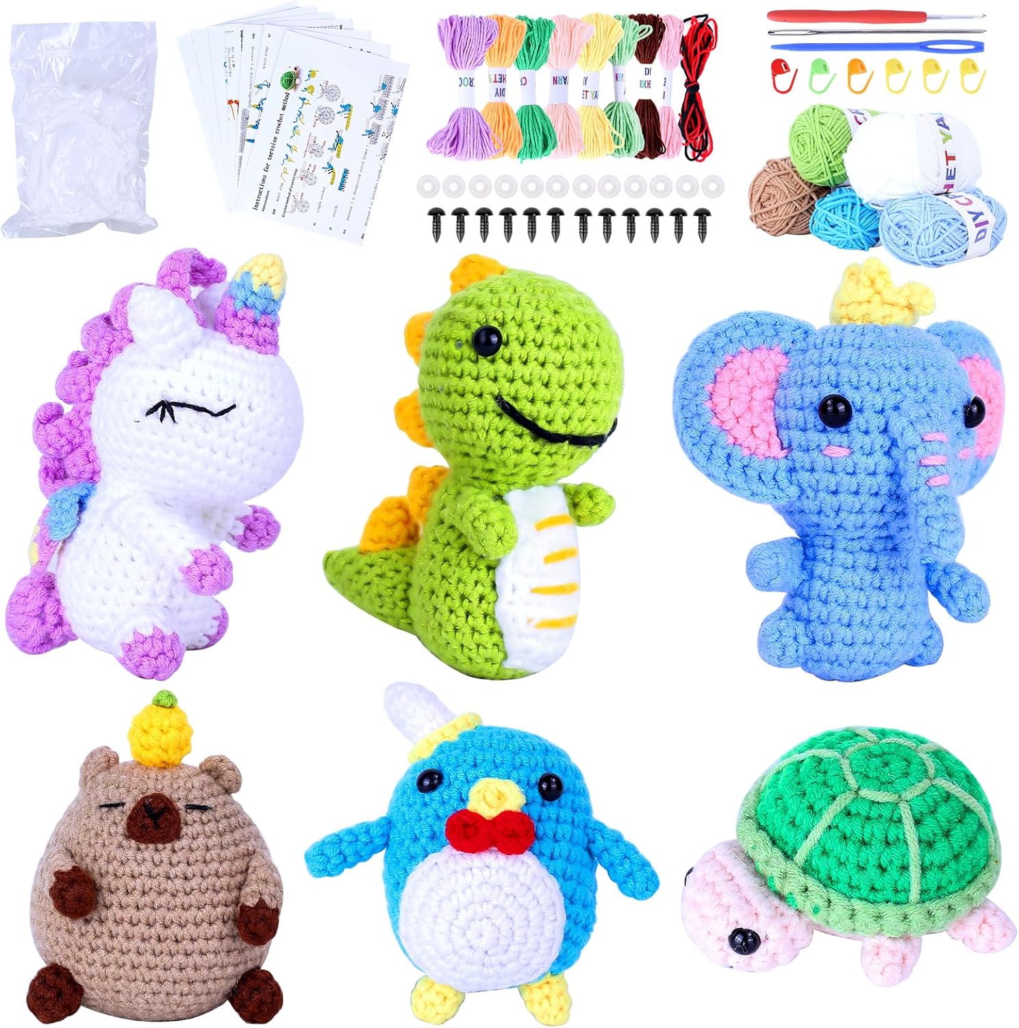 BOLDNOVA 6PCS Crochet Kit for Beginners, Knitting Kit with Step-by-Step Video Tutorials, Beginner Crochet Kit for Adults, Crochet Animal Kit for Beginners Kids, Complete Kit Included 6 Cute Animals Green