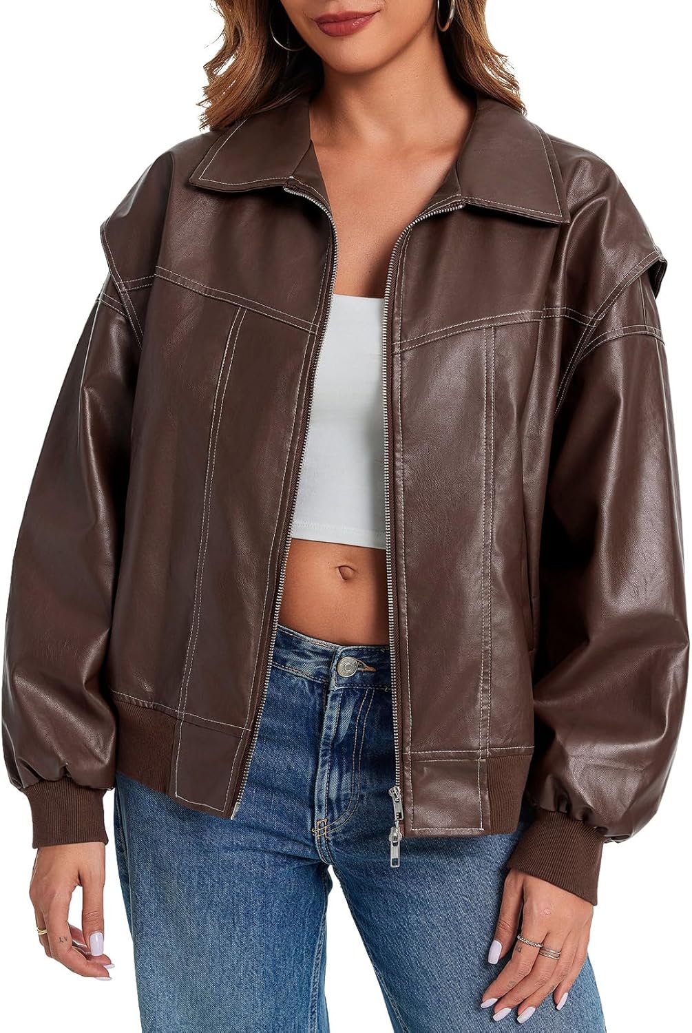 Tankaneo Womens Oversized Leather Bomber Jackets Cap Sleeve Zip Up Motorcycle Coats with Pockets - Image 3