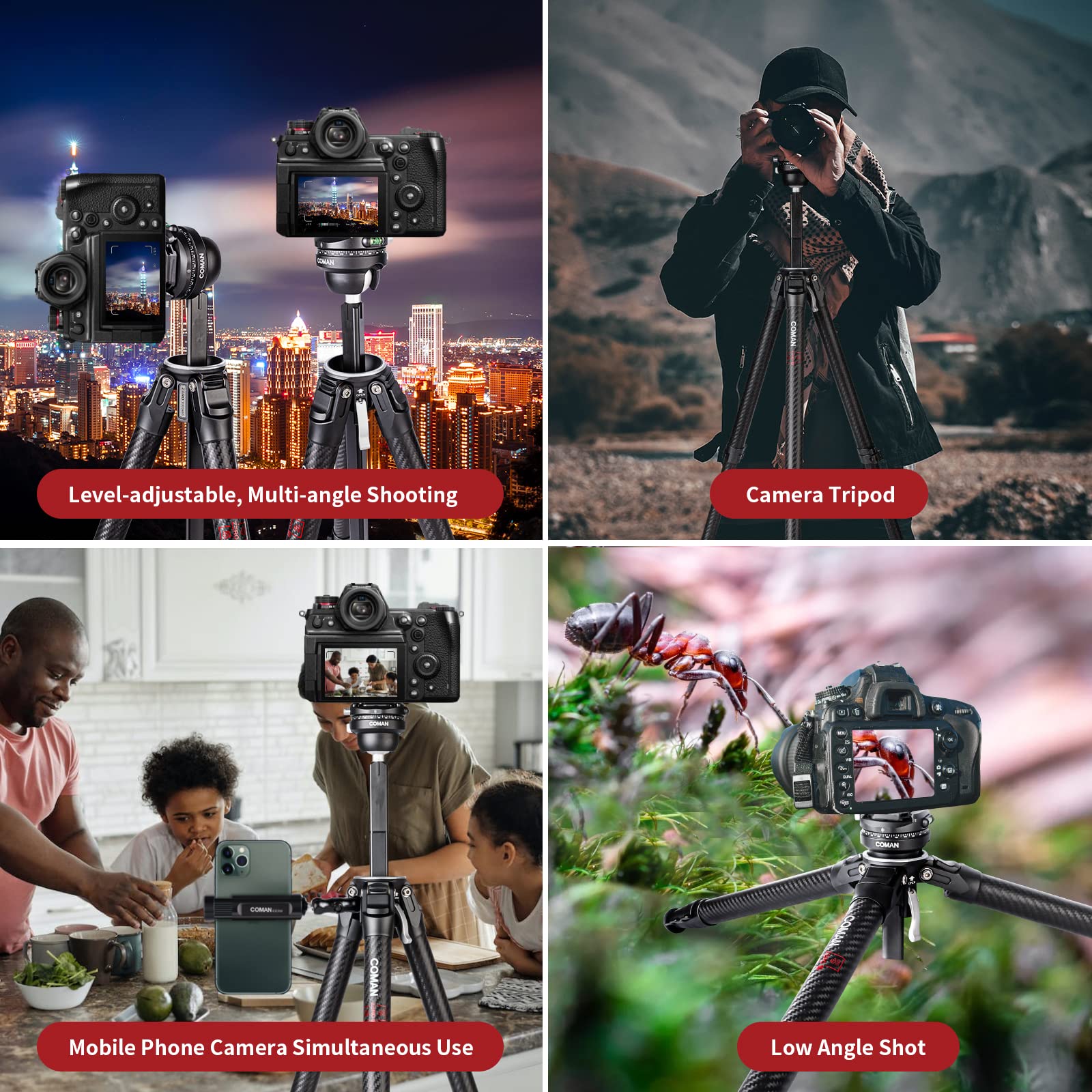 COMAN Zero F38 statyw z włókna węglowego z panoramiczną głowicą kulową 360° i statywem wideo F38 do lustrzanek cyfrowych, lekki o wysokości