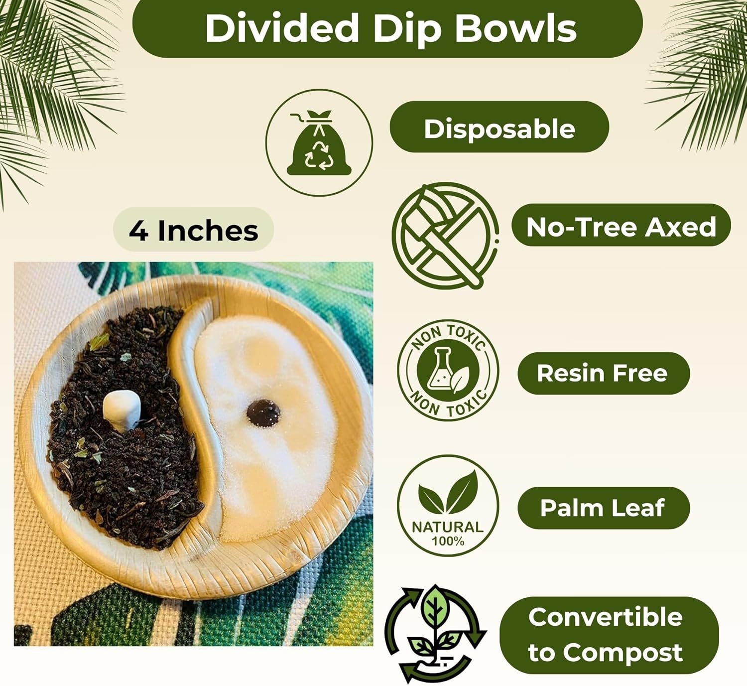Dtocs Palm Leaf 4 Inch Round Dip Bowls Set (100) | Mini Bamboo Bowls Disposable Like Divided Pinch Bowl, Condiment, Soy Sauce Dish | Compostable Alternate to Ceramic Dishes, Clear Plastic Cups