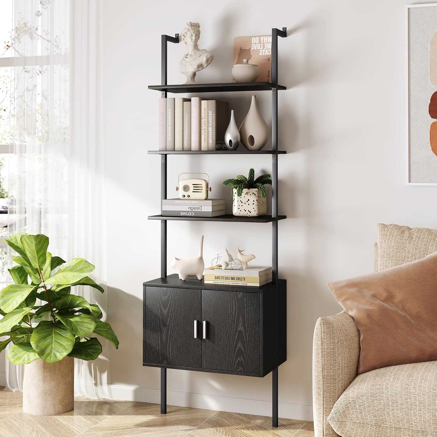 Yusong 73" Tall Bookshelf with Cabinet, Industrial Ladder Wall Mount Shelf Bookcase with Wood and Metal Frame, Plant Shelf Wall Storage Display for Living Room Bedroom, Black Wood Grain 5 Tier Black