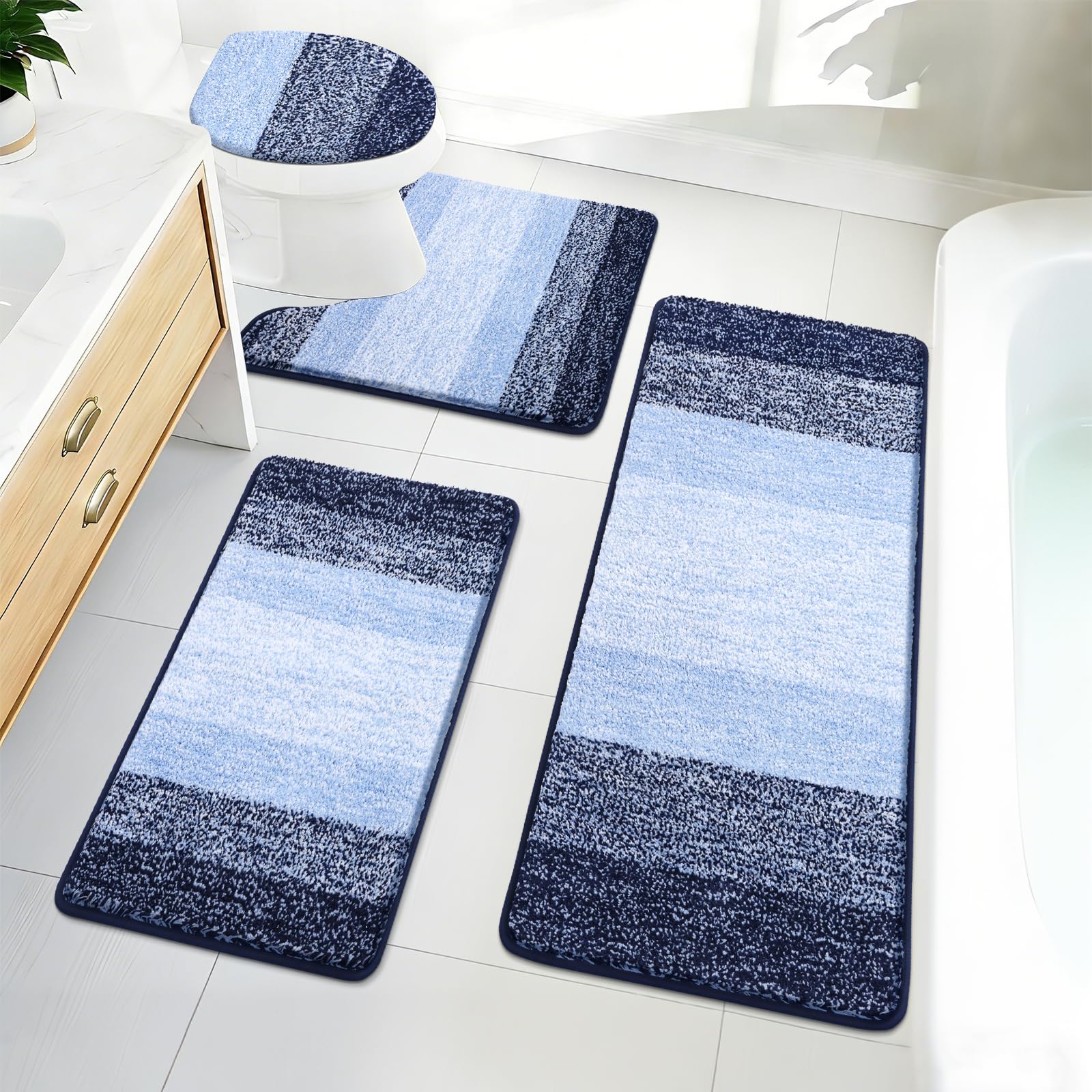 Bsmathom Juego de 4 alfombras de baño con funda para tapa de inodoro y juego de alfombras, alfombras de baño antideslizantes, lavables, suaves, peludas, absorbentes, con alfombrilla de inodoro en