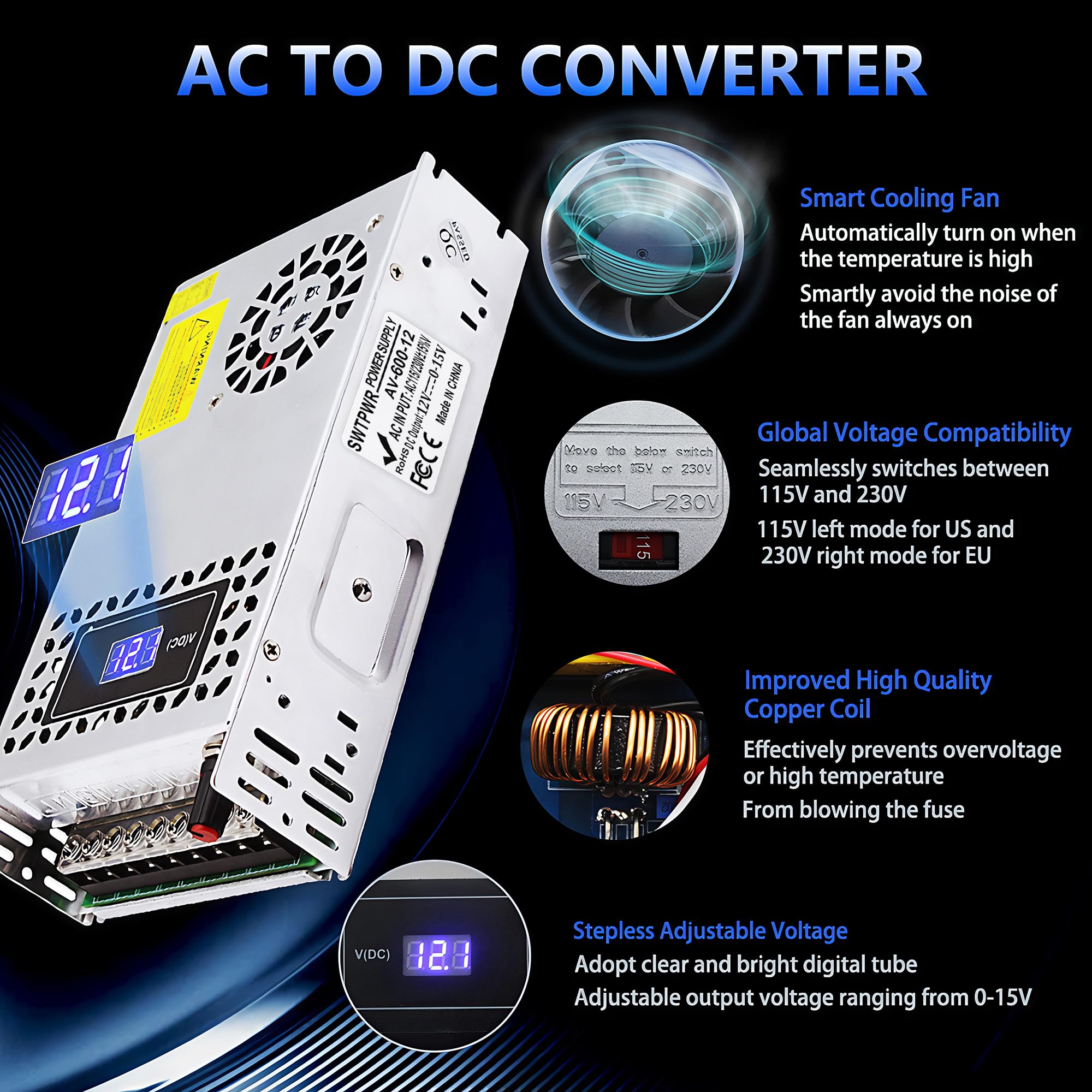 Fuente de alimentación variable DC 0-15V 600W con visualización LED Fuente de alimentación de 12V Convertidor de CA a CC ajustable de 110V a 12V diseñado para equipos electrónicos estéreo de