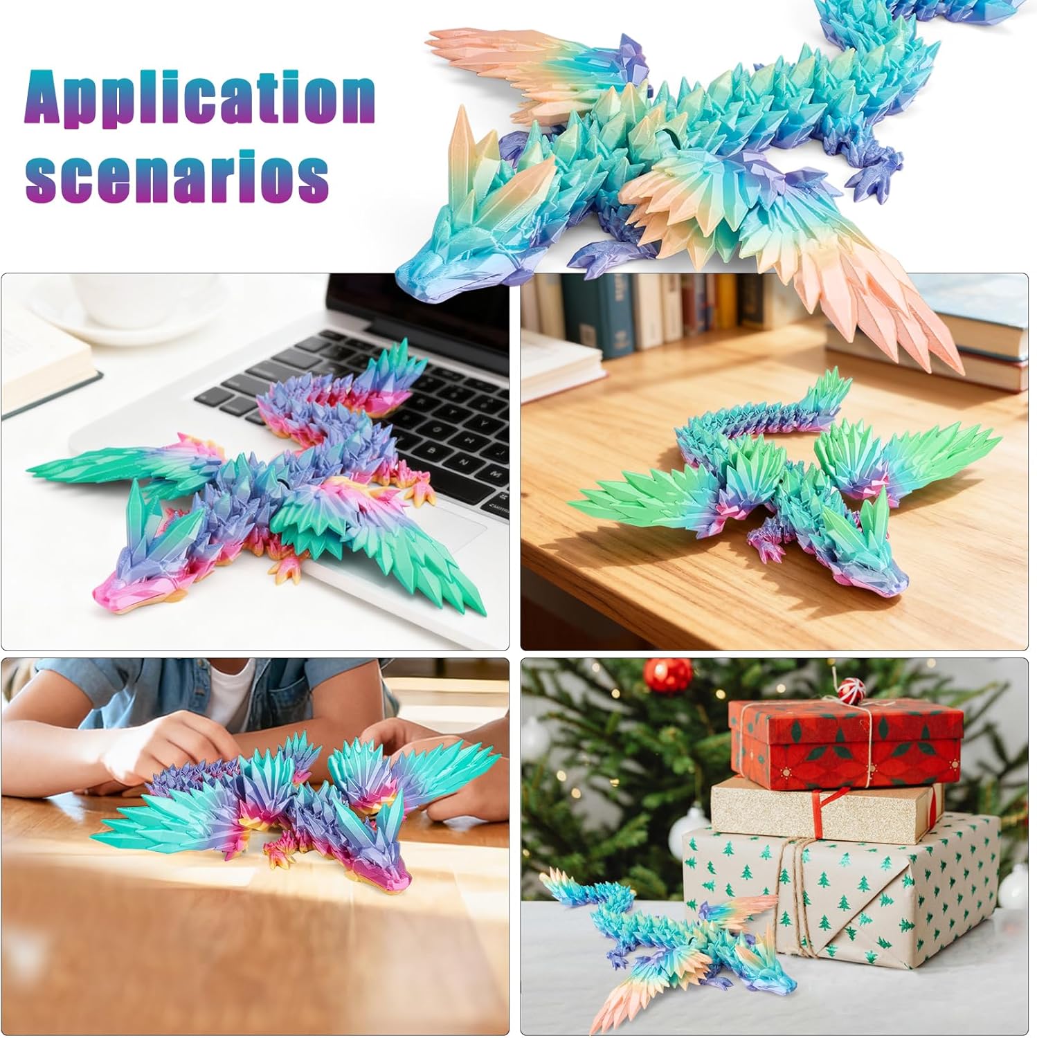 18" 3D Printed Dragon Toys Large, 3D Printed Animals, Articulated Crystal Dragons with Wings Adults Desk Fidget Toys，Easter Basket Stuffers, Home Office Decor (Crystal Winged Dragon) - Image 6