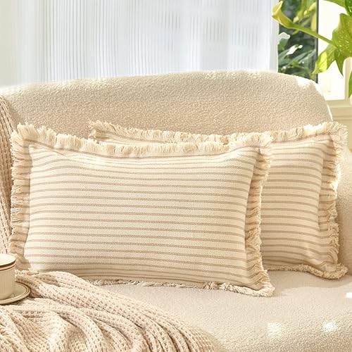 Miniatura 17 de ZWJD Juego de 2 fundas de almohada de 18 x 18 pulgadas, a rayas con flecos, de algodón, decorativas, cuadradas, para sofá, cama, sala de estar, Azul