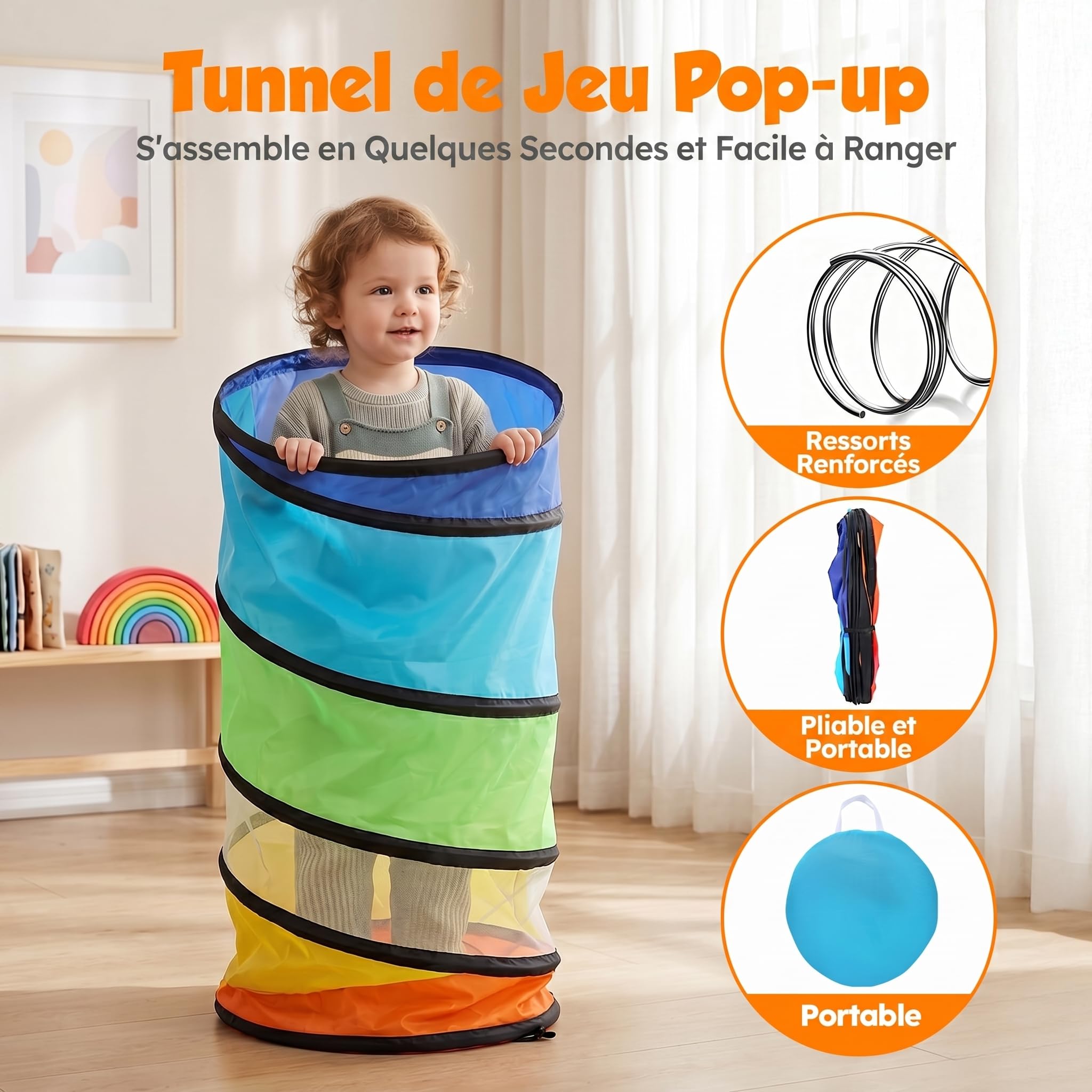 Tente de Jeux Tunnel Enfant 180 cm - Pliable Pop-up Exterieur Interieur avec Côtés en Maille - Parcours Motricité Bébé Cadeau