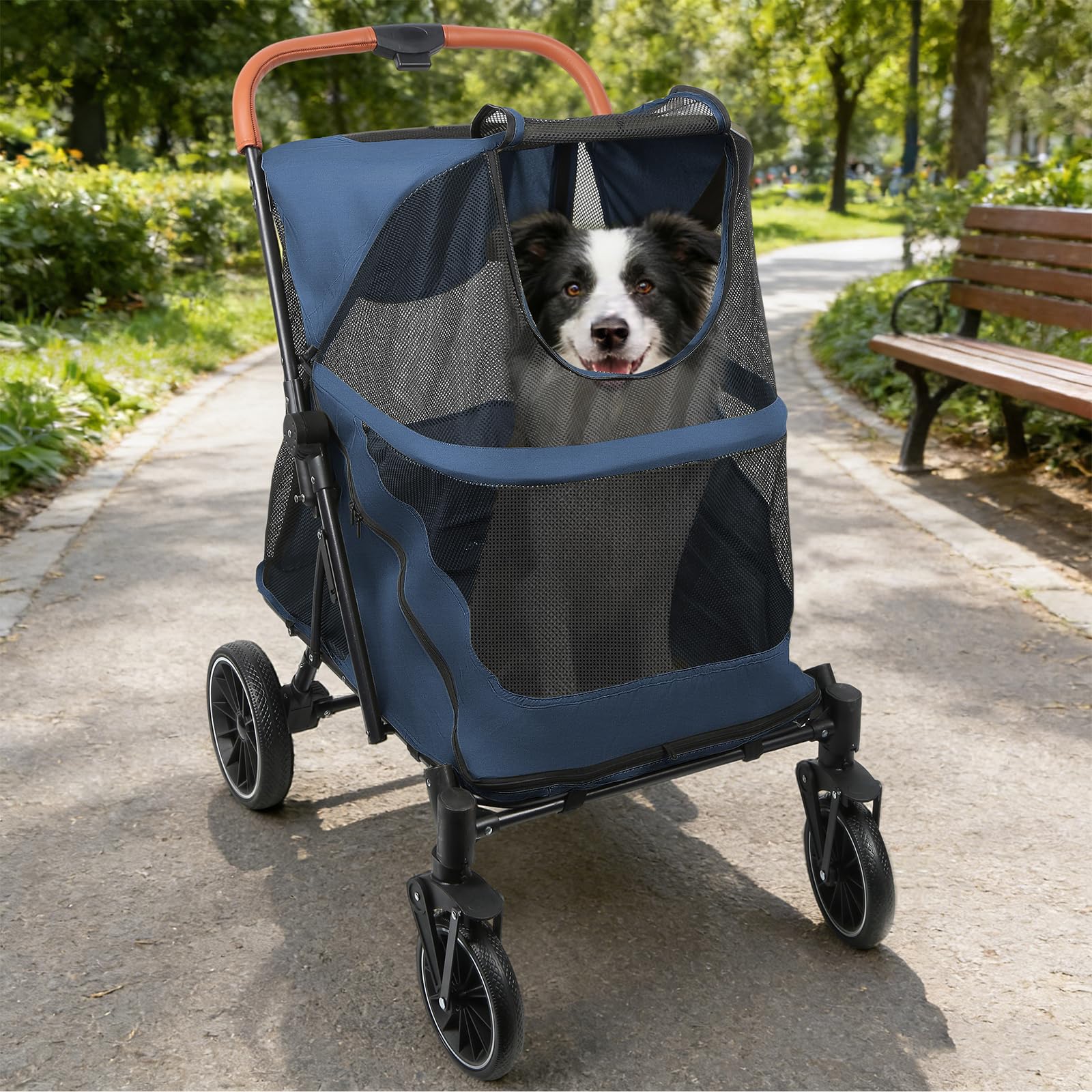 OHMG Grande Poussette chien chat,buggy,poussette pour chien 4 roues en EVA chariot pour chat pliage en un clic, laisse de sécurité, charge 45 kg,avec fenêtre en filet,Ceintures de sécurité