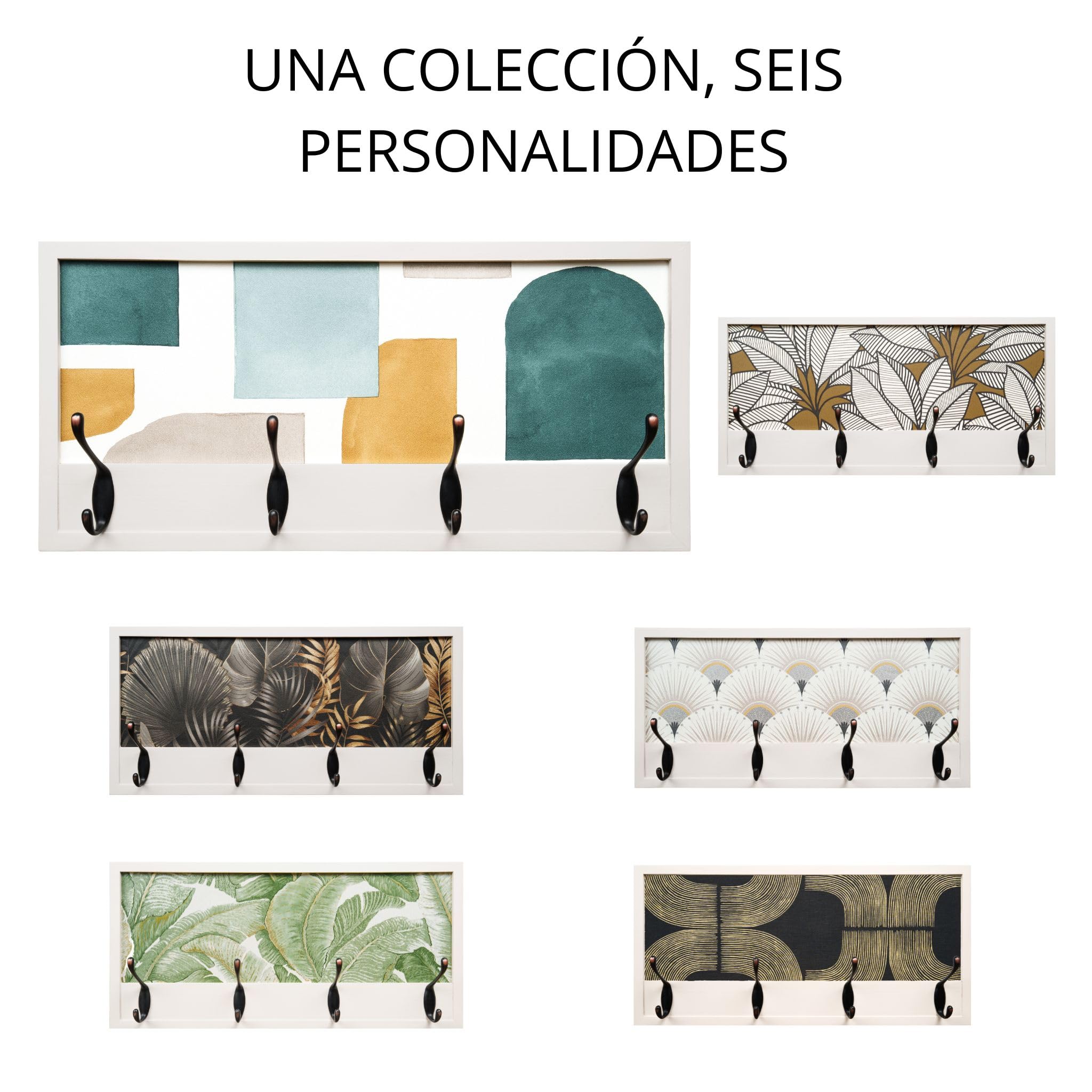 Perchero Pared Madera 52x25cm Contemporáneo Blanco 4 Ganchos | Hecho en España. 4 ganchos dobles (8 colgadores) para ropa y abrigos. Ideal para entrada, salón u oficina.