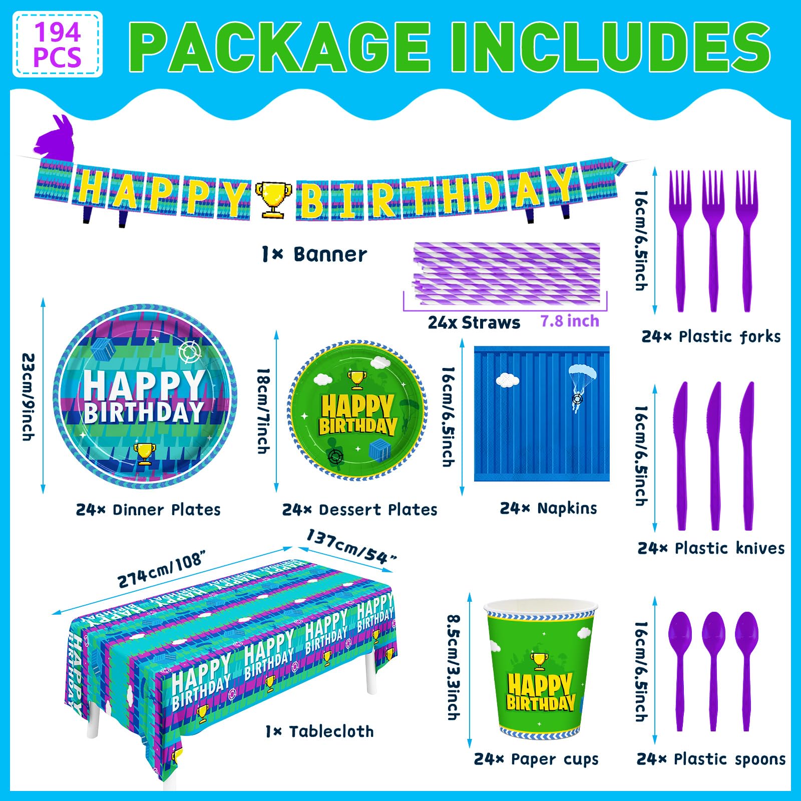 Juego de 194 piezas de decoración de fiesta de cumpleaños de videojuegos, platos de noche, servilletas, temática de llama, vasos de papel, mantel, suministros de fiesta de videojuegos para niños