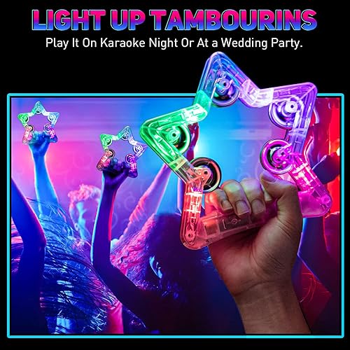 Miniatura 3 de Facmogu Paquete de 2 panderetas iluminadas con 10 jingles de metal, 3 modos LED intermitentes de pandereta musical, instrumento de percusión de