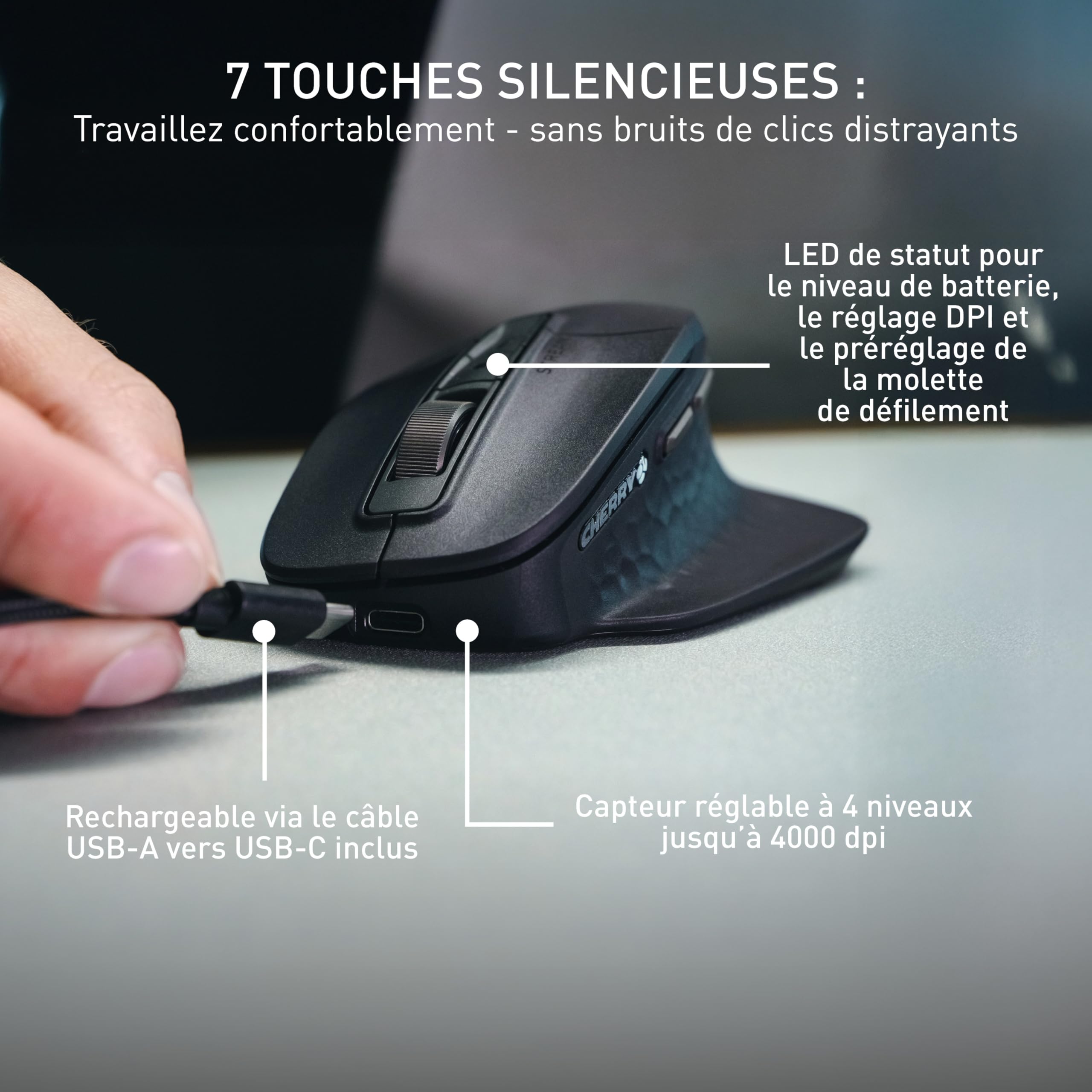 CHERRY Stream Mouse Ultimate, Souris Ergonomique Multi-Appareils, Bluetooth, 2,4 GHz et Filaire, Molette de Défilement Personnalisable, pour Droitiers, Noir