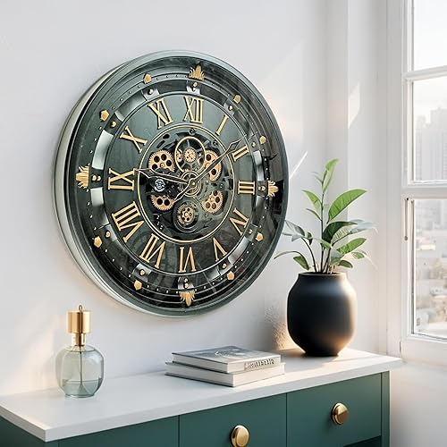 Miniatura 3 de ImprovingLife The Gears Reloj de pared de 26 pulgadas con engranajes móviles reales línea Bélgica con cubierta de cristal (negro, 26 pulgadas (26.0