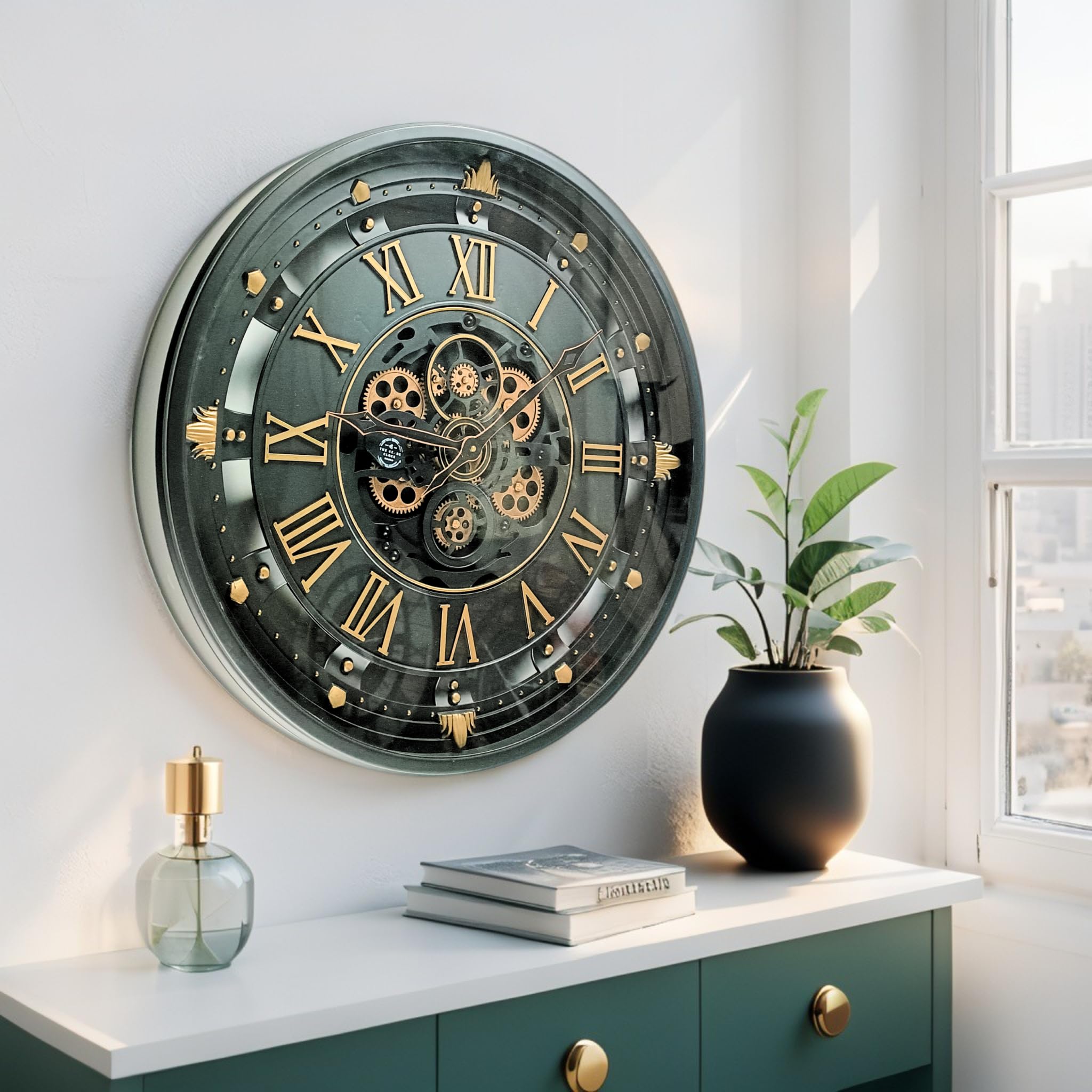 ImprovingLife The Gears Clock Horloge murale de 66 cm (26 pouces) avec véritables engrenages mobiles Ligne Belgique avec couvercle en verre (Noir, 66 cm (26 pouces))