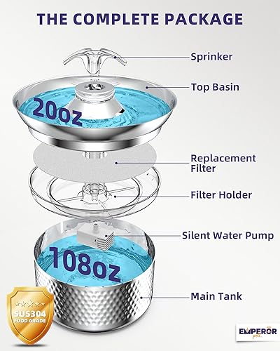 Miniatura 9 de Emperor Pets Filtros de fuente de agua para gatos  Paquete de 4 filtros de repuesto de acero inoxidable para gatos de 108 onzas3.2 L, 4 filtros