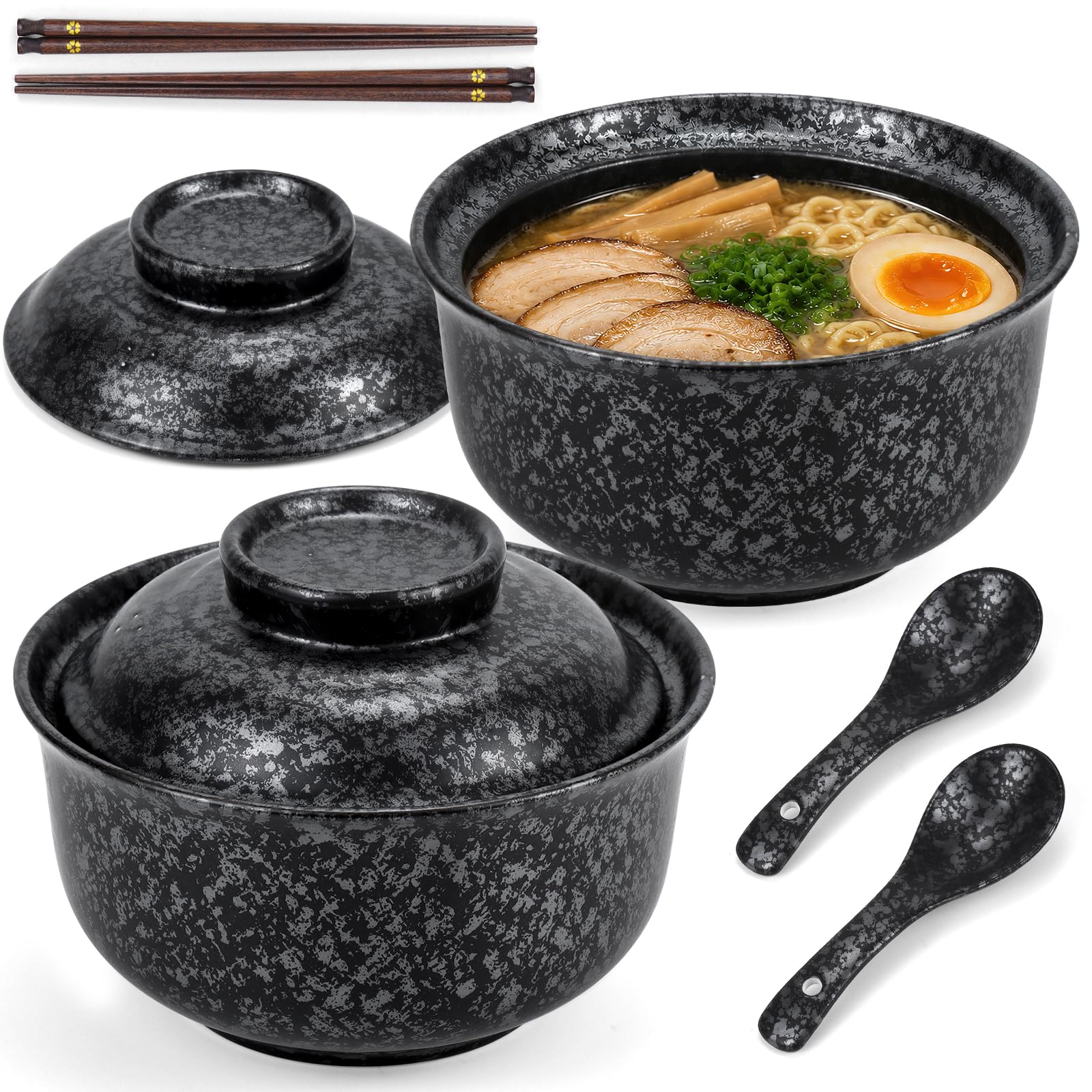 PQHIQ 2 Set Ceramic Ramen Bowl Set, 800ml with Lid, Spoon and Chopsticks