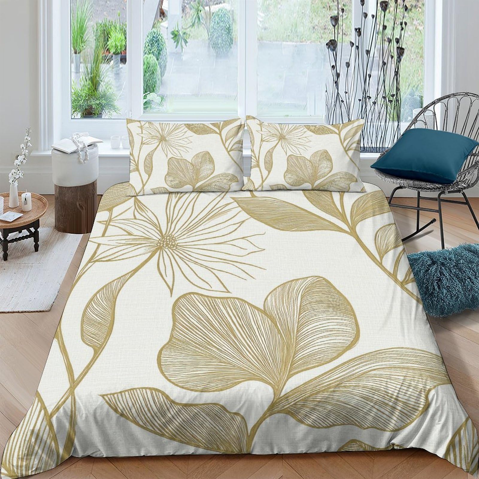 TUFRTGYHN 3D Printed Botanical Floral Duvet Cover Microfiber Soft Breathable Leaf Pattern Bedding Set with 2 Pillowcases for Bedroom Decor Single（135x200cm）