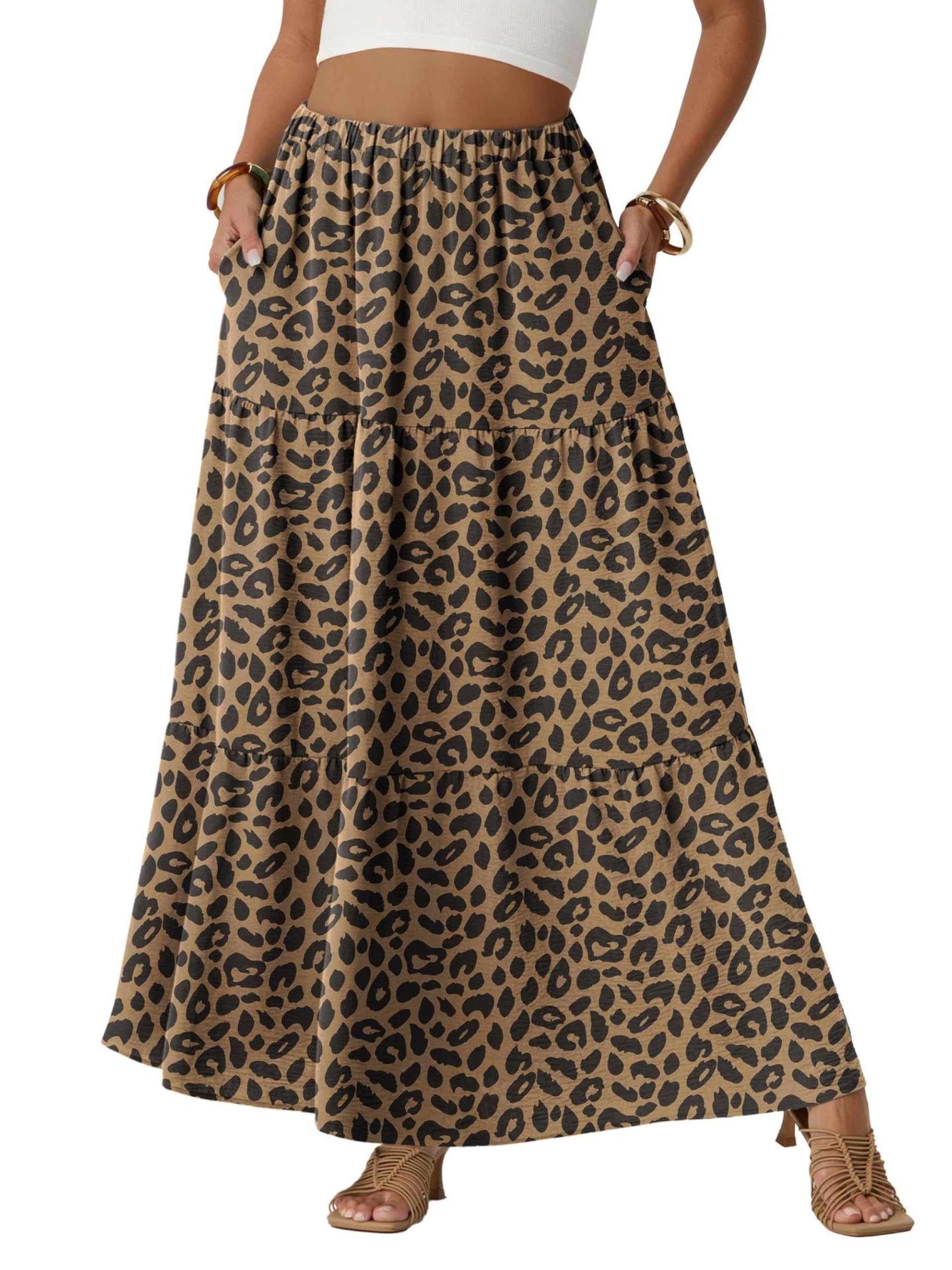 QIXING Damen Maxirock Sommer Boho Blumen Muster Hohe Taille Langer Fließender Rock mit Taschen Stufenrock Elastischer Taille