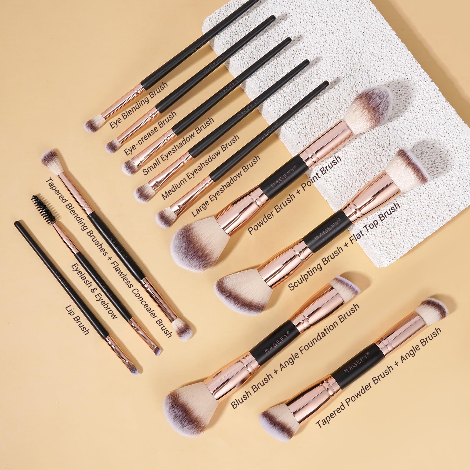 MAGEFY Set di pennelli da trucco multifunzione, 37 pezzi, con doppia estremità, per cipria, fard, ombretti, set di pennelli da trucco, colore oro nero
