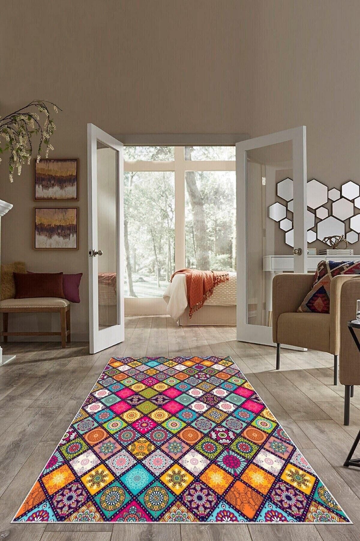 On The Clouds Çok Renkli Geometrik Karo Desenli Yıkanabilir Kaymaz Taban Leke Tutmaz Modern Salon Halısı ve Yolluk TYC00429466141, 160 x 300