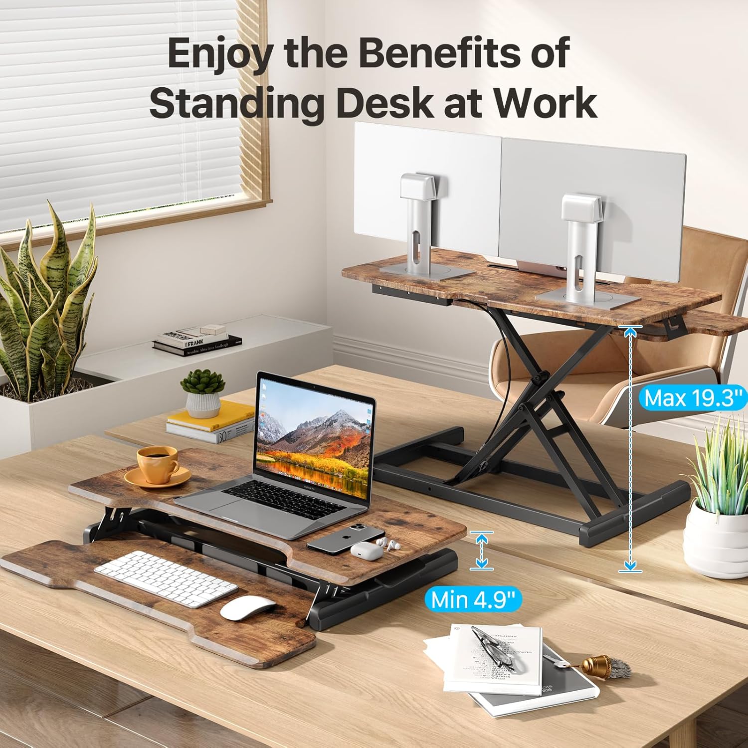 Standing Desk Converter 32 inch, Height Adjustable Sit Stand Desk Riser, Quick Sit to Stand Desktop Dual Monitor Riser Workstation for Home Office with Keyboard Tray, Rustic Brown