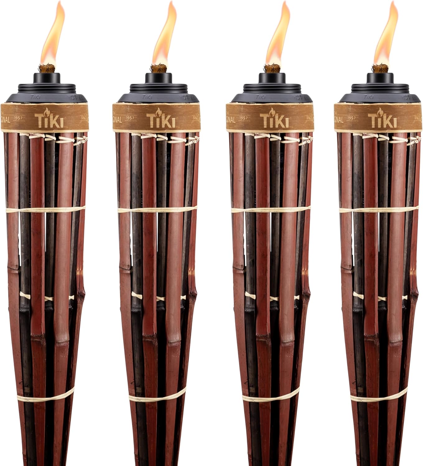 TIKI 60-Inch Bamboo Torches (4-Pack) – Natural Outdoor Torches with Easy Pour Canisters, Long-Lasting Fiberglass Wicks & Snuffers – Patio, Garden, Lawn & Backyard Decor – Walnut/Pecan Finish