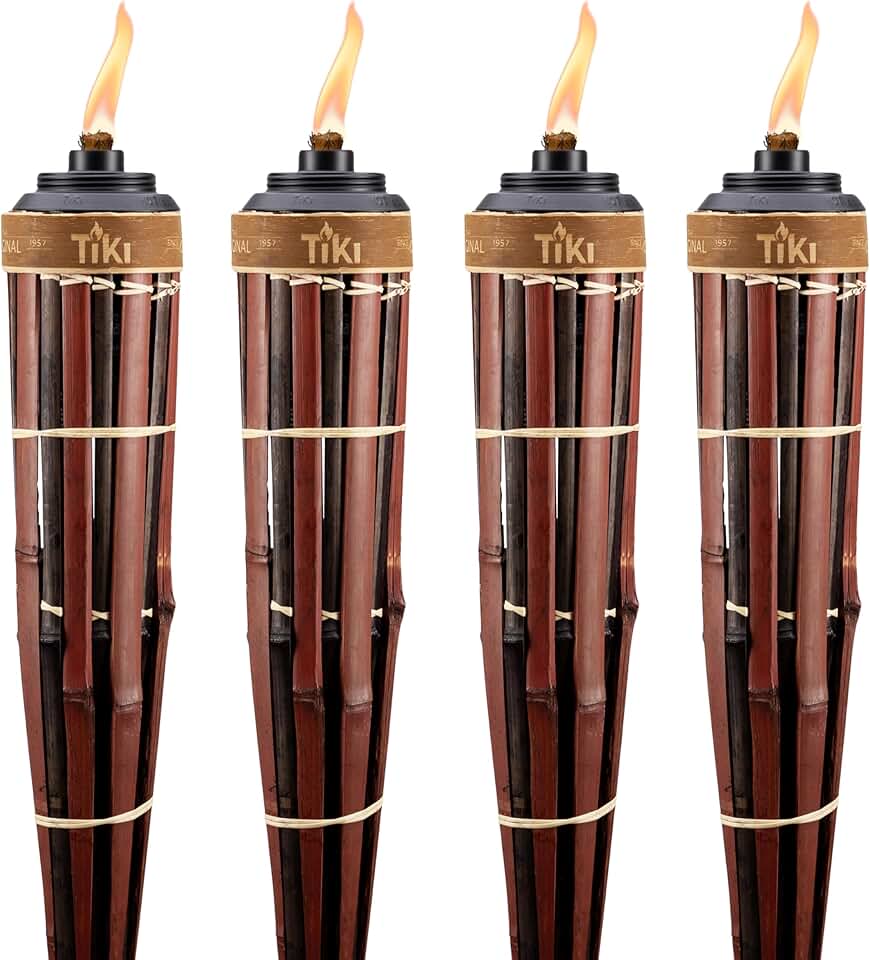 TIKI 60-Inch Bamboo Torches (4-Pack) – Natural Outdoor Torches with Easy Pour Canisters, Long-Lasting Fiberglass Wicks &amp; Snuffers – Patio, Garden, Lawn &amp; Backyard Decor – Walnut/Pecan Finish