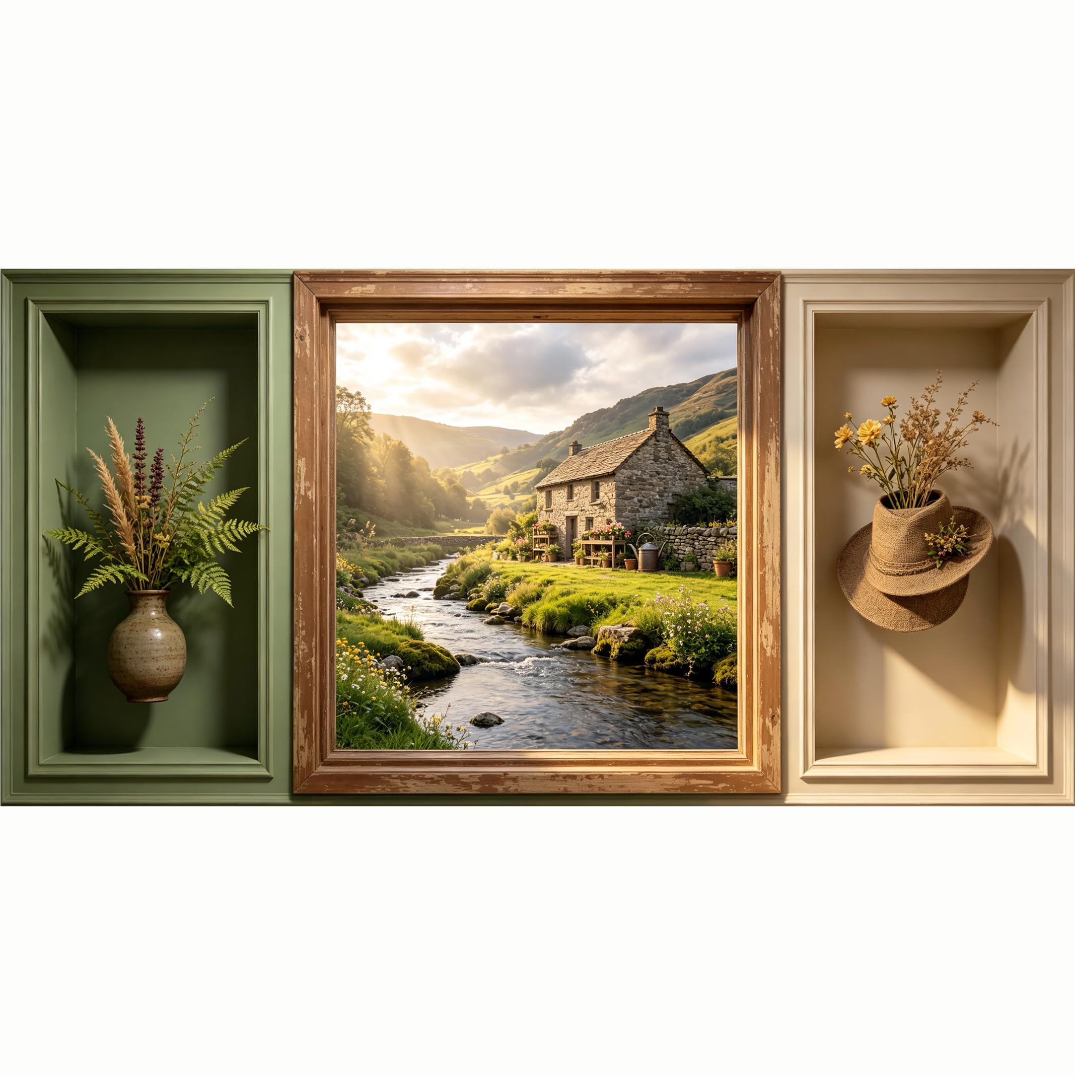 QZLITHOTIC 50x100cm 3D Framed Wall Art， Rustic Countryside Cottage Landscape Self‑Adhesive Mural， Water‑Activated Peel & Stick Fabric Decor Wall Decal for Bedroom Living Room